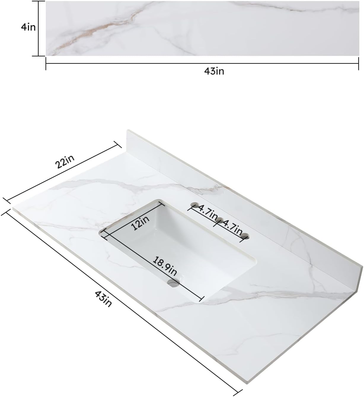 43 Inch Sintered Stone Vanity Sink Top