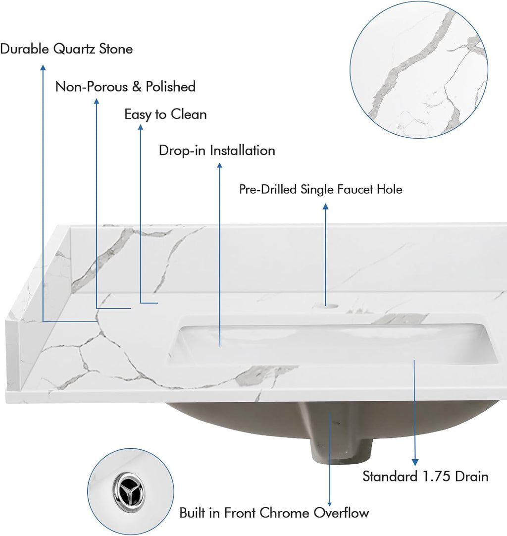 River 30 Inch Quartz Vanity Top