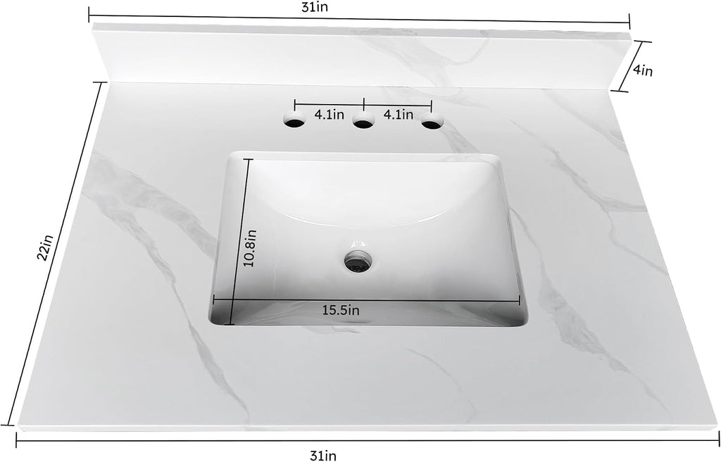 31 Inch White Vein Carrara Quartz Vanity Top
