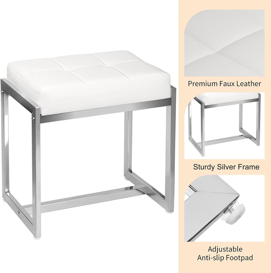 White PU Leather Vanity Stool Silver Metal Legs