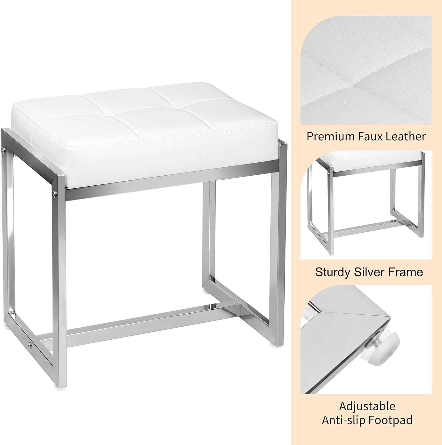 White PU Leather Vanity Stool Silver Metal Legs