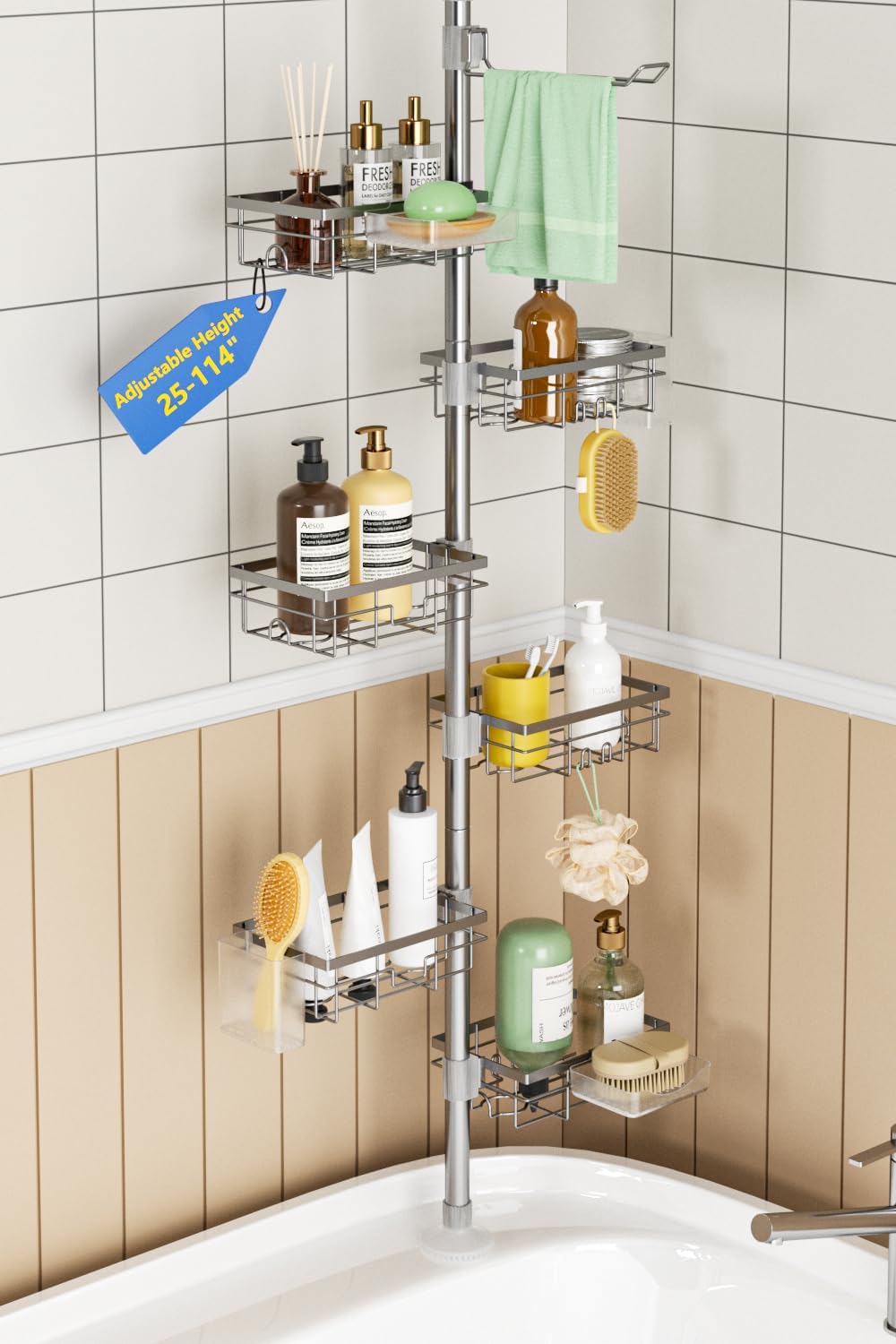 Silver 4‑Tier Tension Pole Shower Caddy