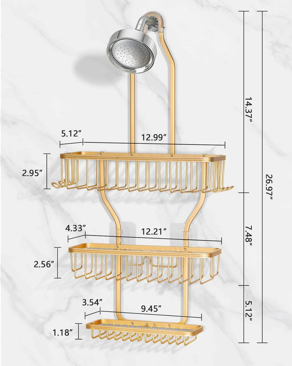 Gold Aluminum Hanging Shower Caddy With Hooks