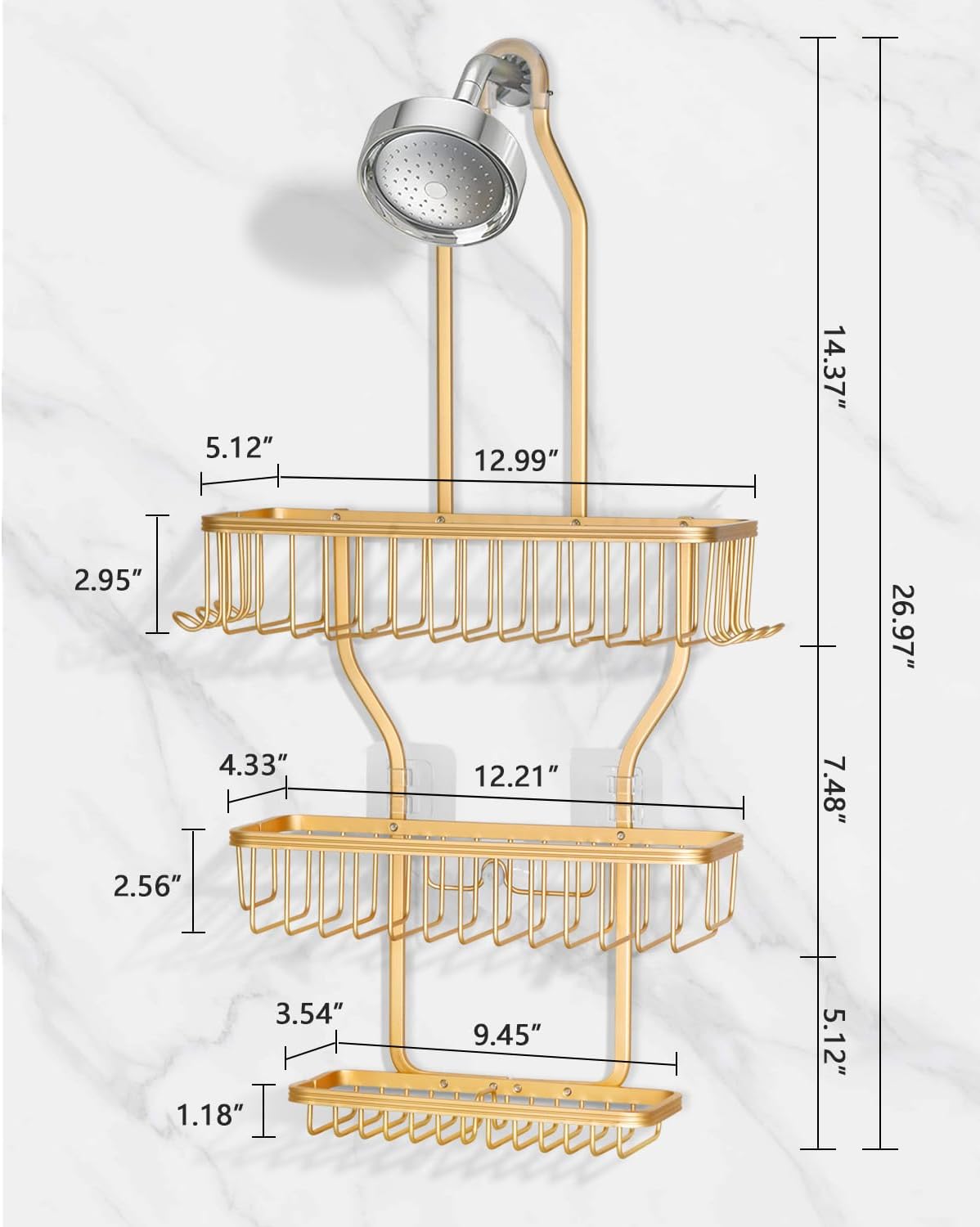 Gold Aluminum Hanging Shower Caddy With Hooks