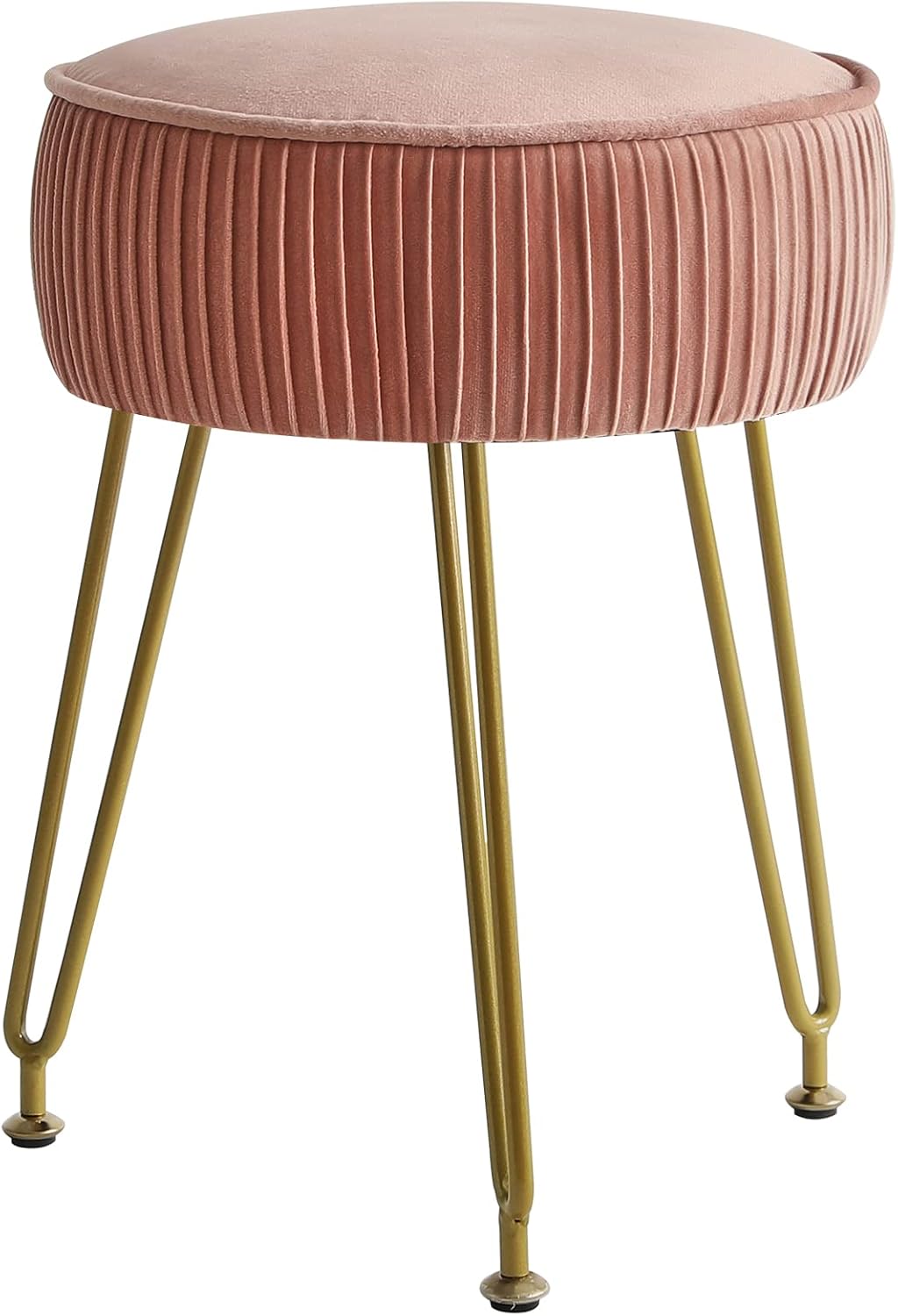 Pink Round Velvet Vanity Stool With Gold Steel Legs