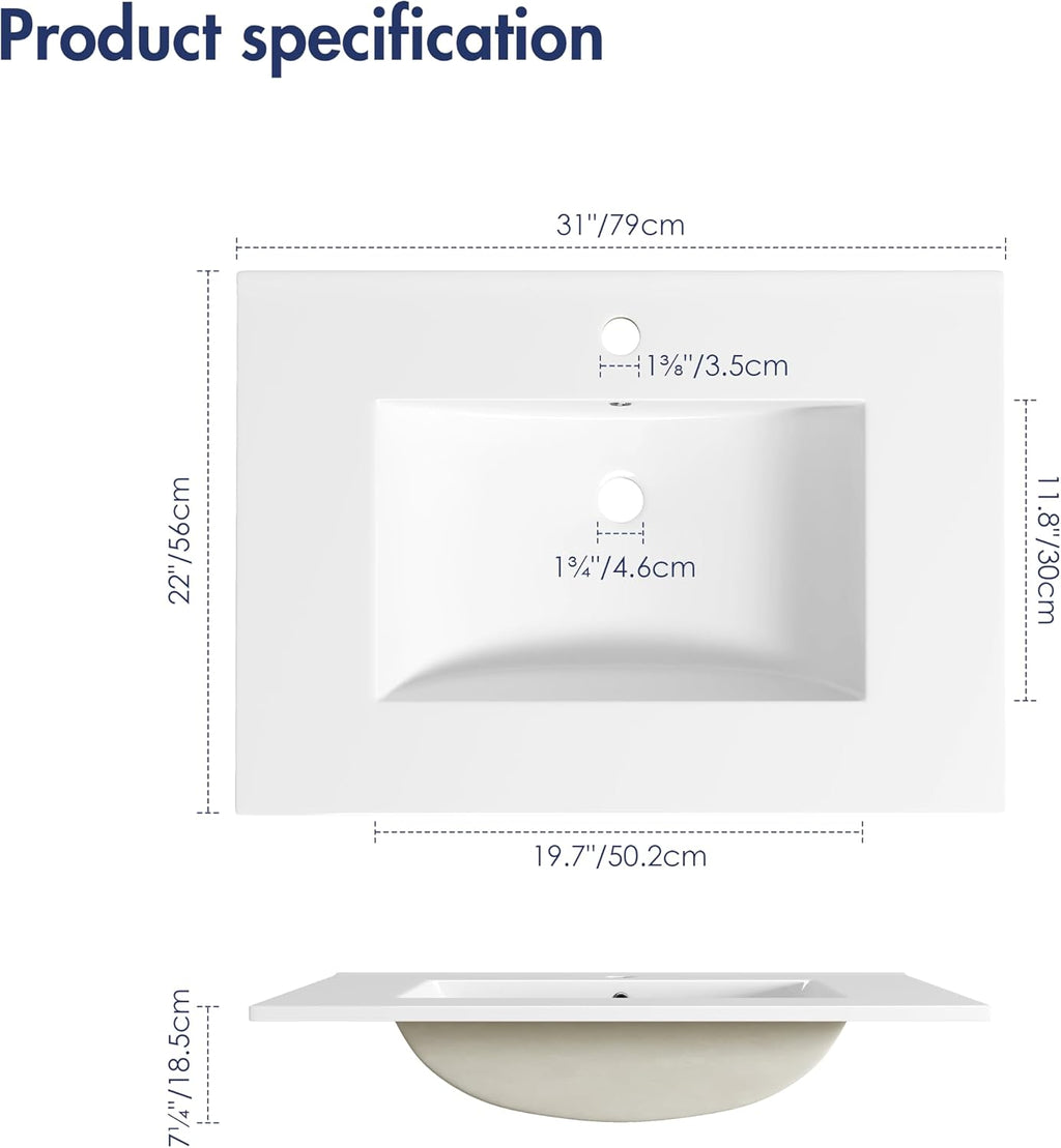 31 Inch White Ceramic Drop‑In Vanity Sink Top