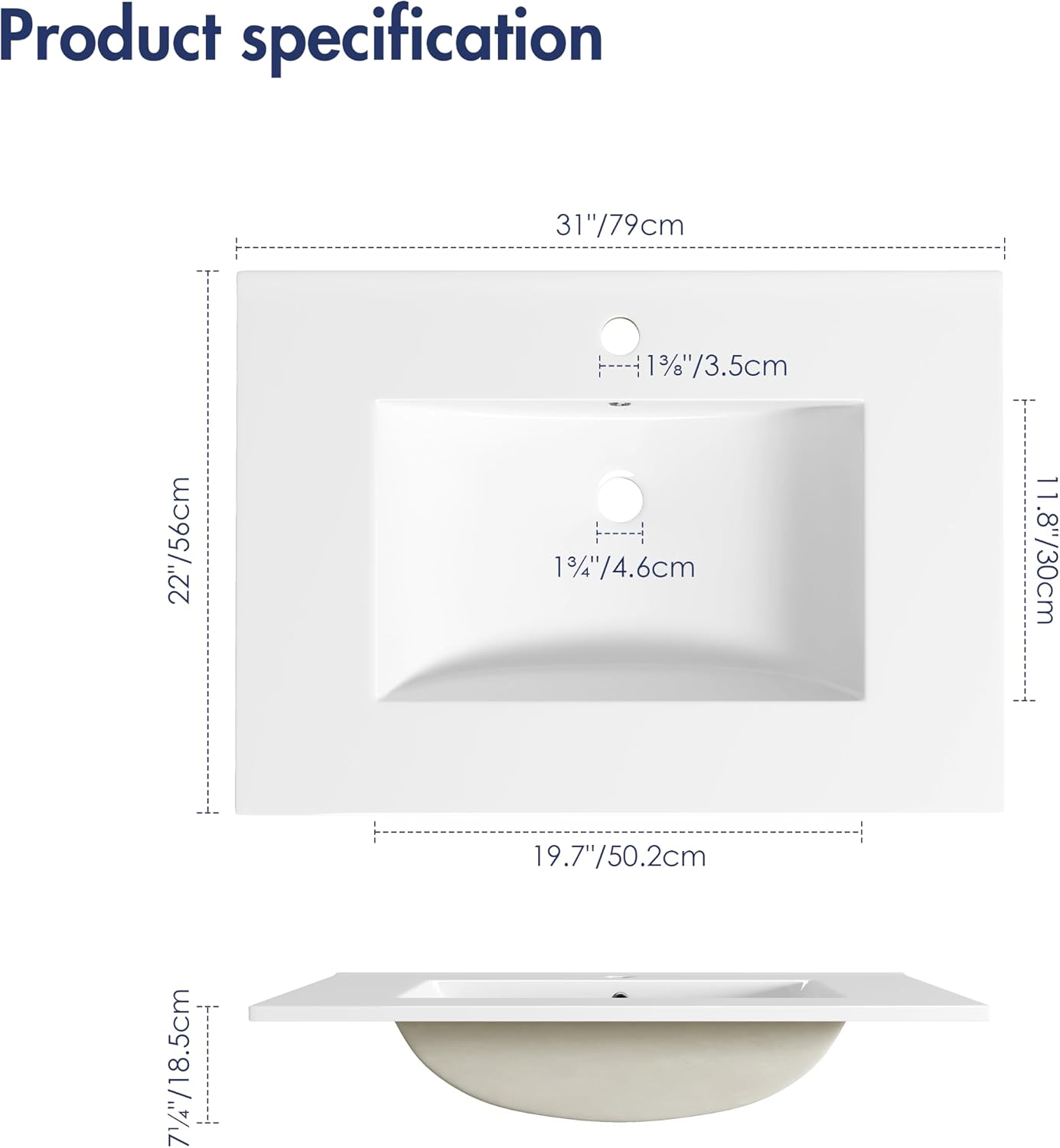 31 Inch White Ceramic Drop‑In Vanity Sink Top