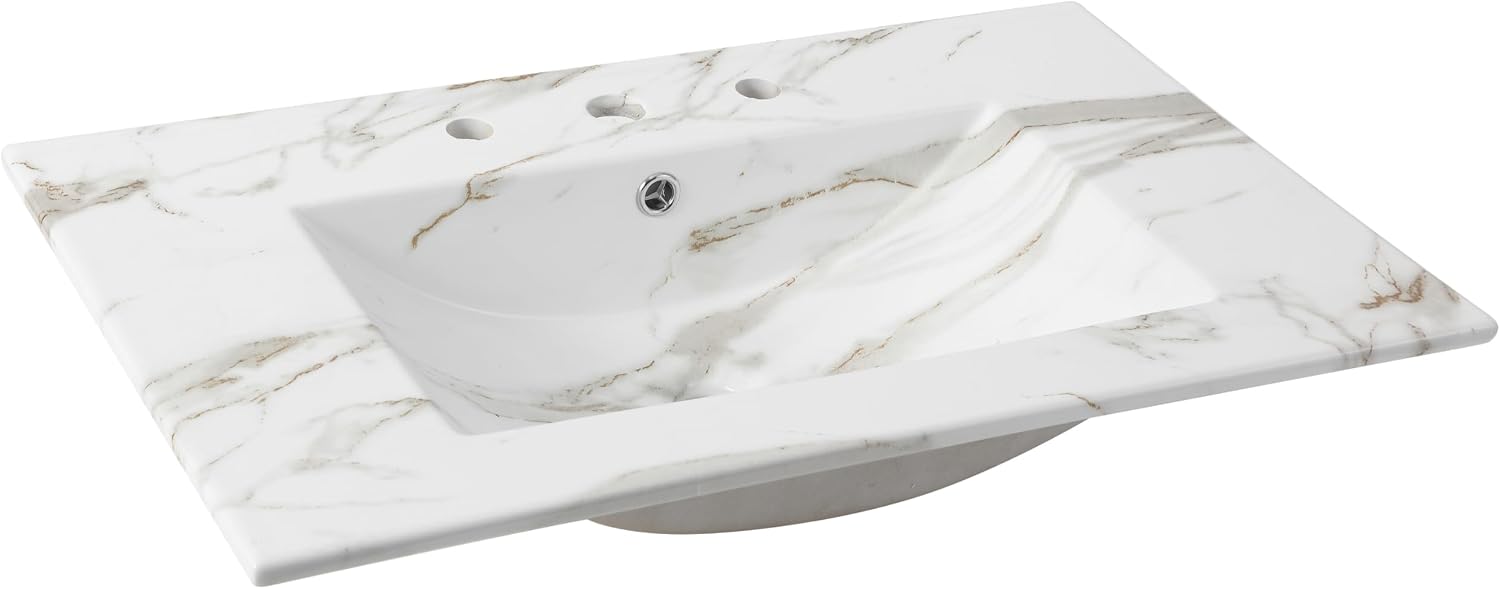 30 Inch White Marble‑Effect Ceramic Vanity Top
