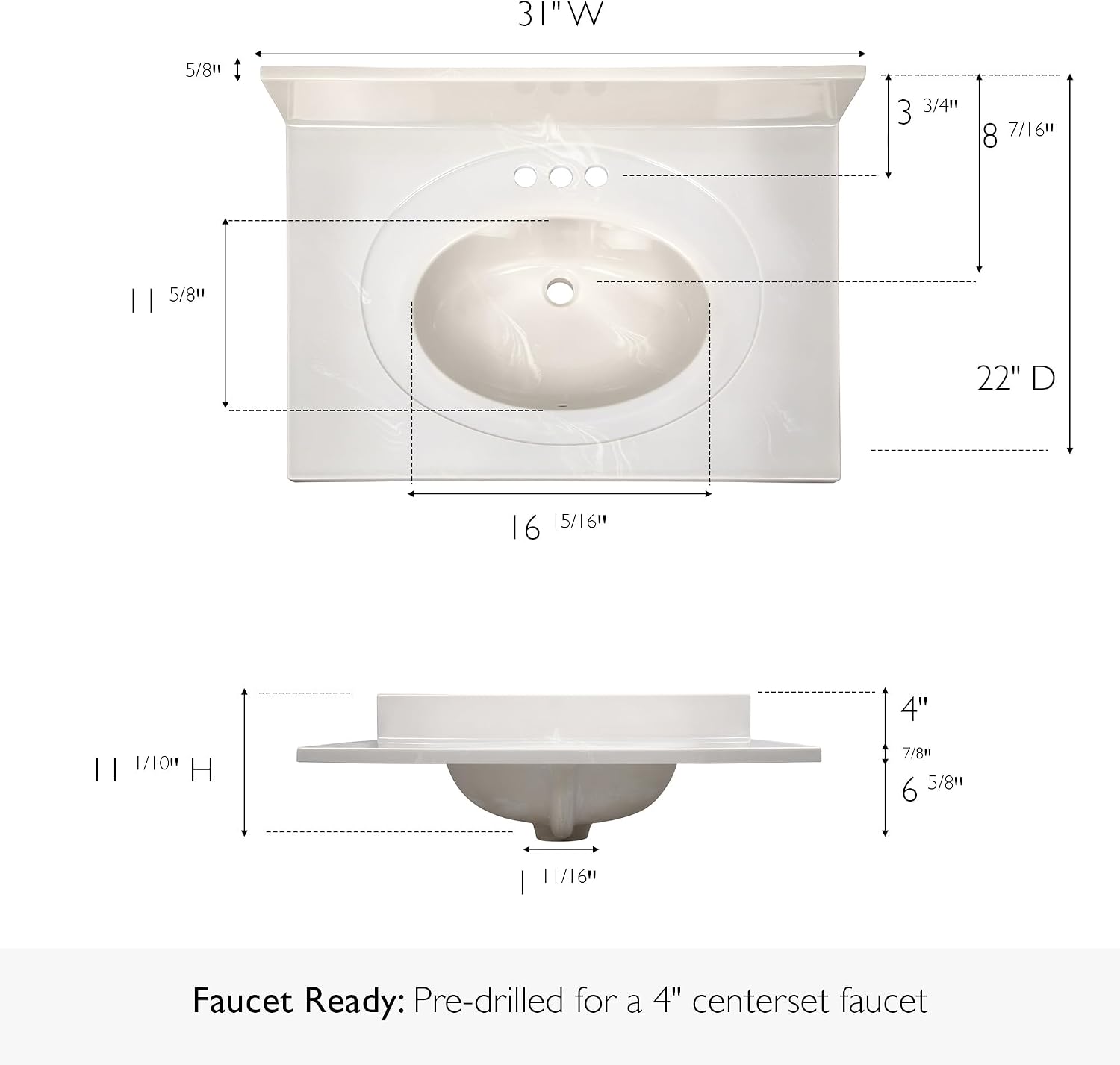 31 Inch Ivory Cultured Marble Vanity Top