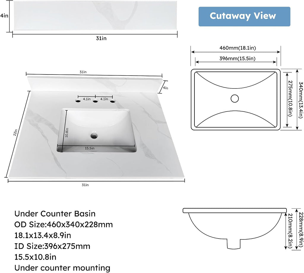 31 Inch White Vein Carrara Quartz Vanity Top