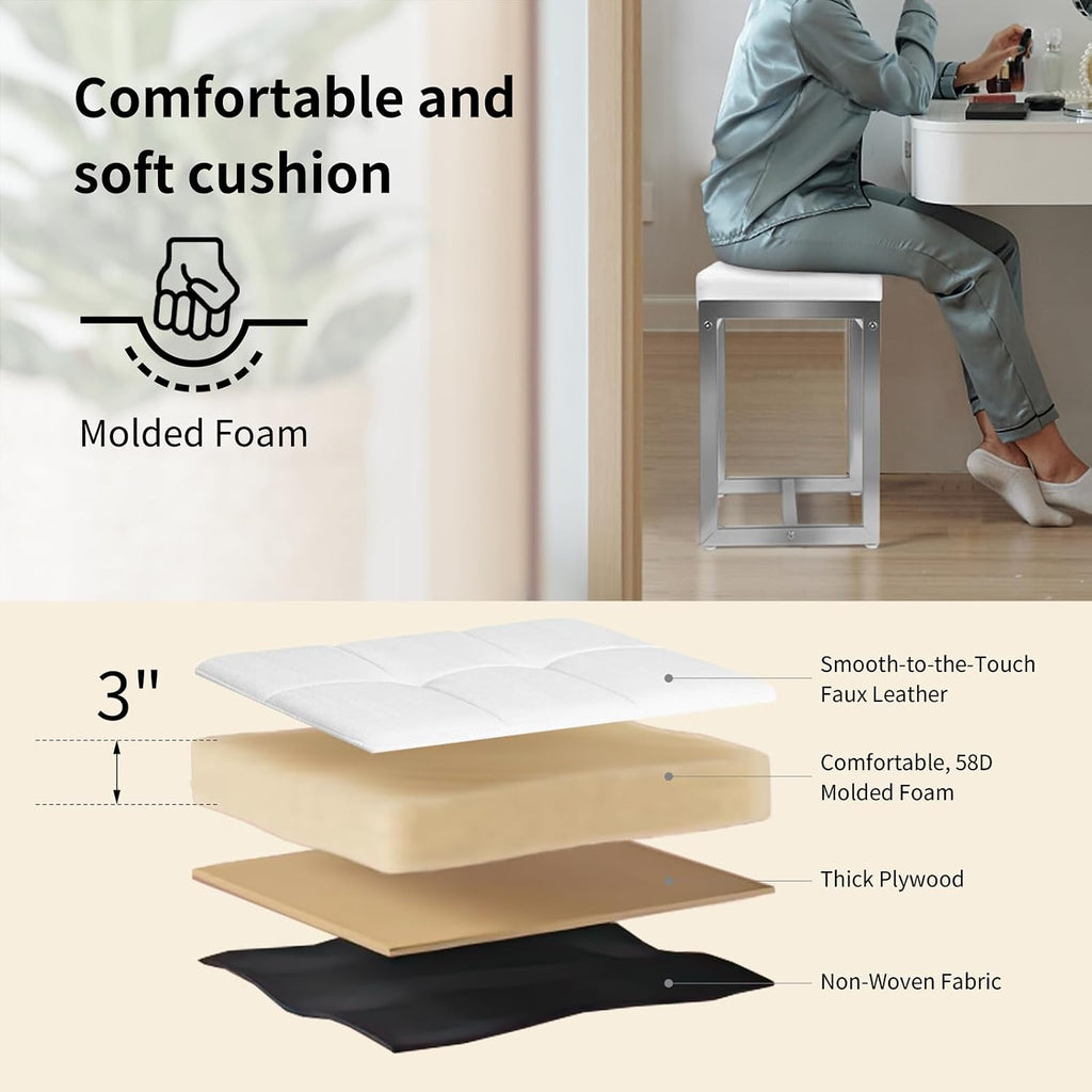 White PU Leather Vanity Stool Silver Metal Legs
