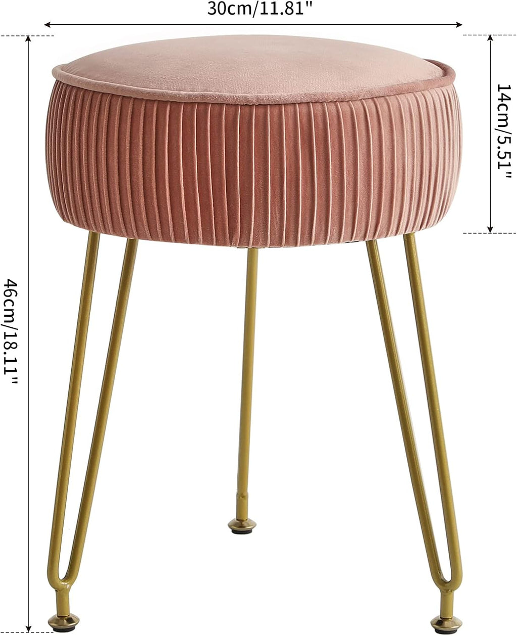 Pink Round Velvet Vanity Stool With Gold Steel Legs