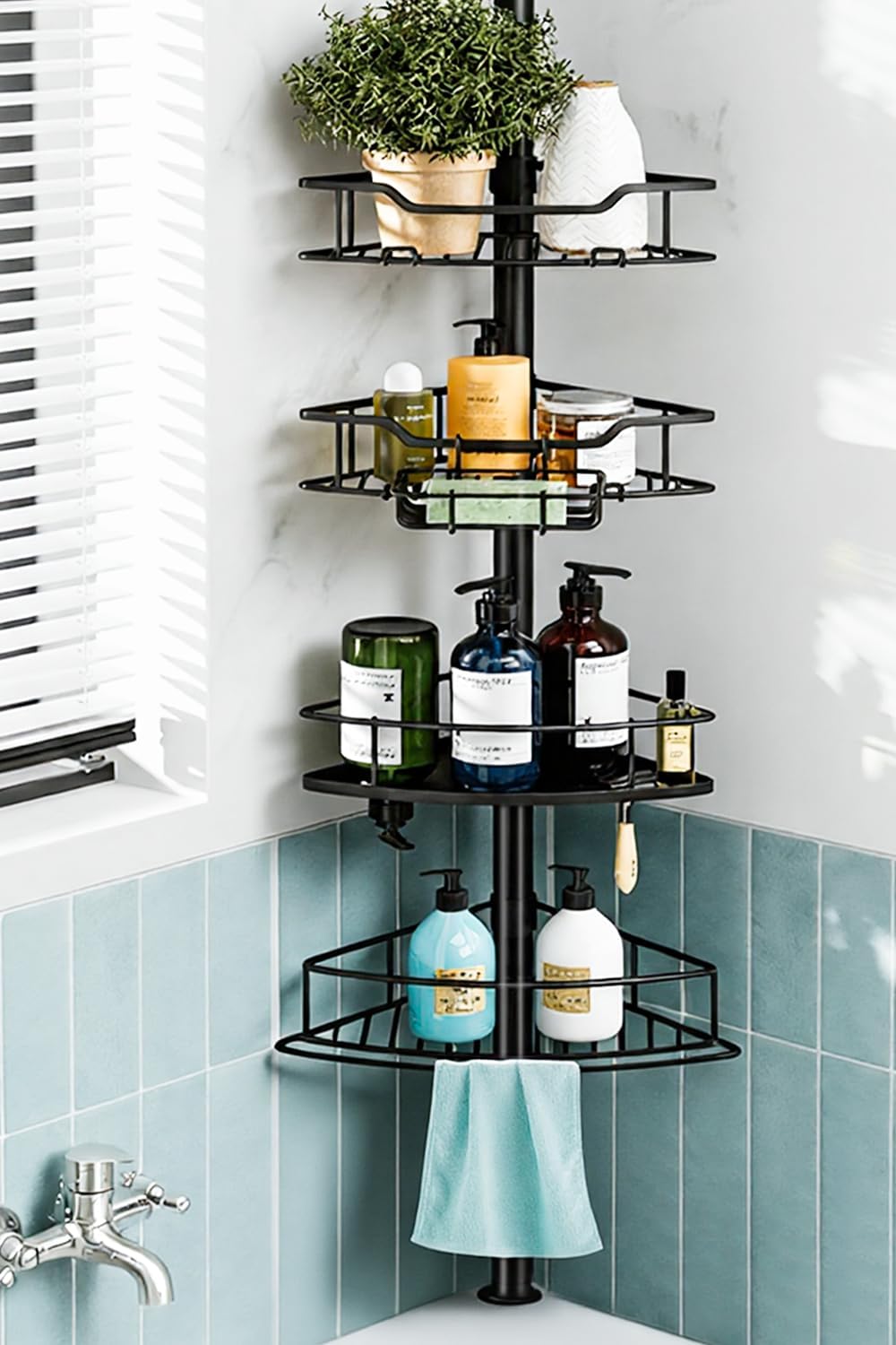 Black 4‑Tier Tension Pole Corner Shower Caddy