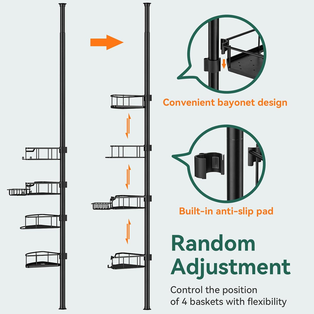 Black 4‑Tier Tension Pole Corner Shower Caddy