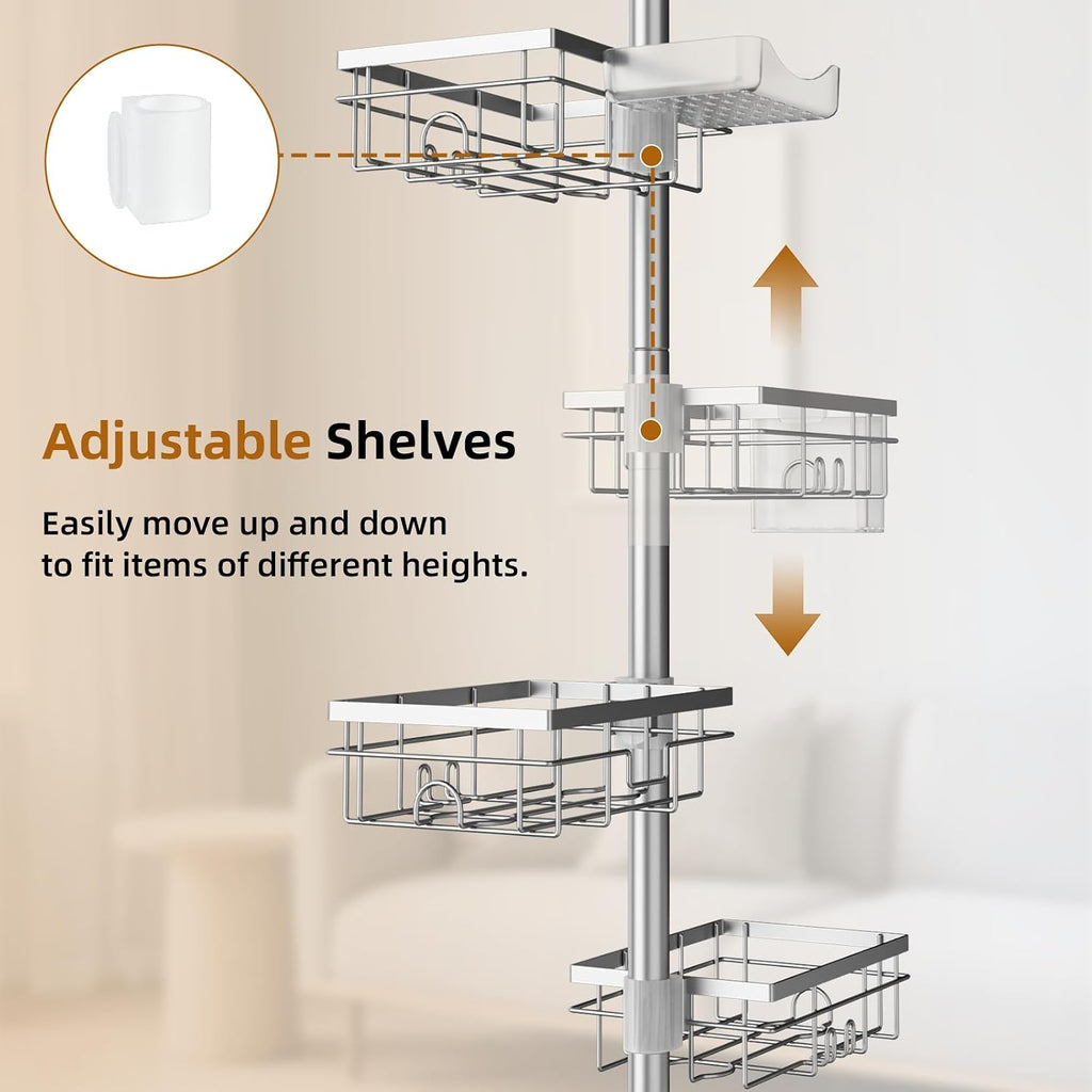Silver 4‑Tier Tension Pole Shower Caddy
