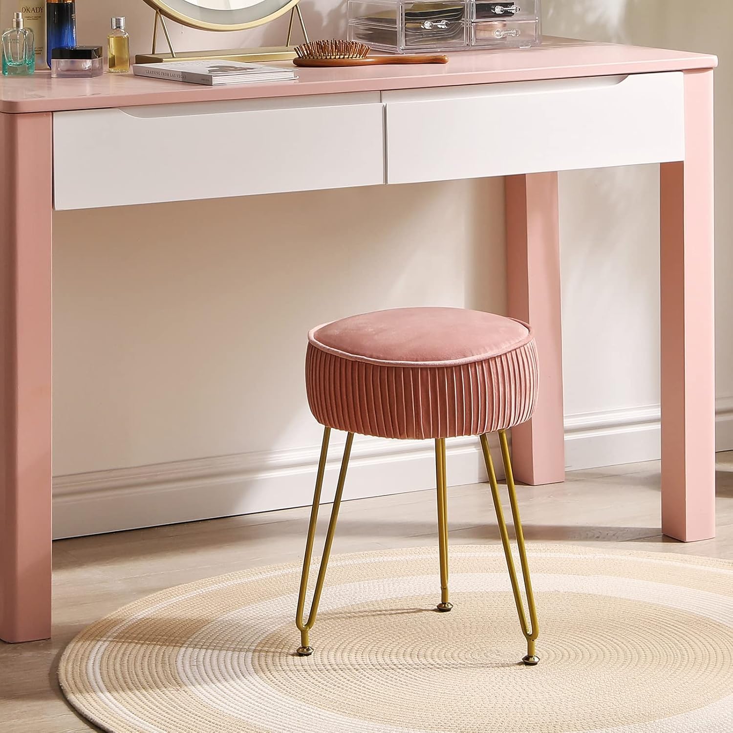 Pink Round Velvet Vanity Stool With Gold Steel Legs