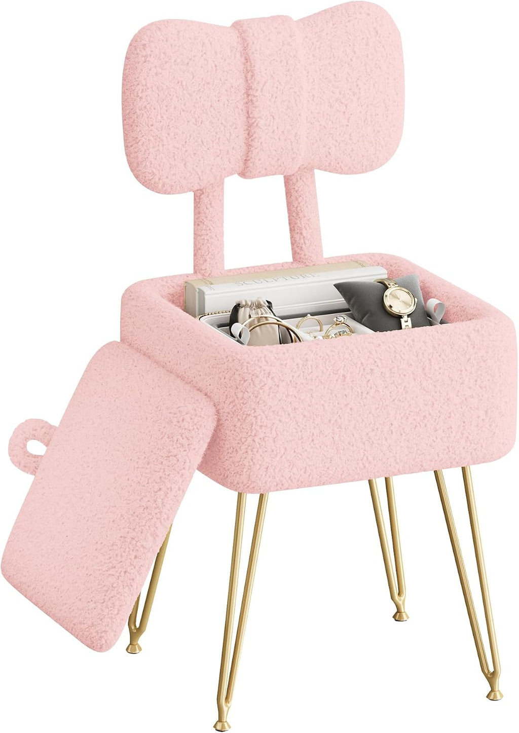 Pink Teddy Fleece Storage Vanity Stool Foldable Back