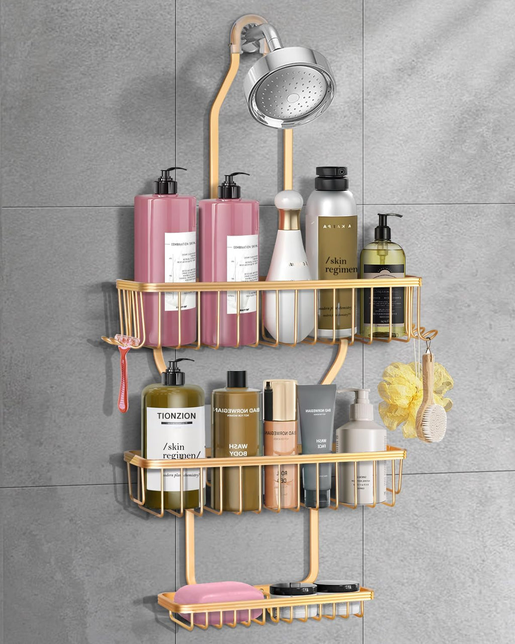 Gold Aluminum Hanging Shower Caddy With Hooks