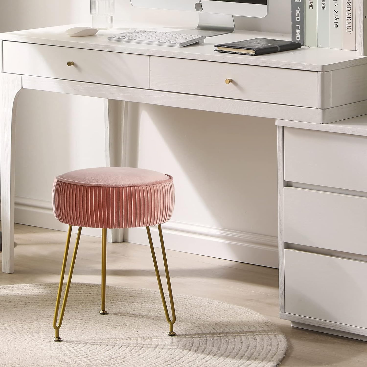 Pink Round Velvet Vanity Stool With Gold Steel Legs