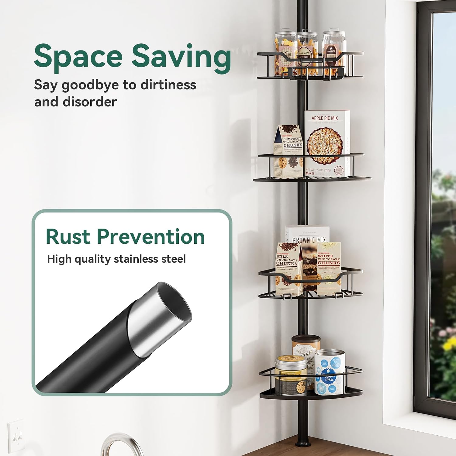Black 4‑Tier Tension Pole Corner Shower Caddy