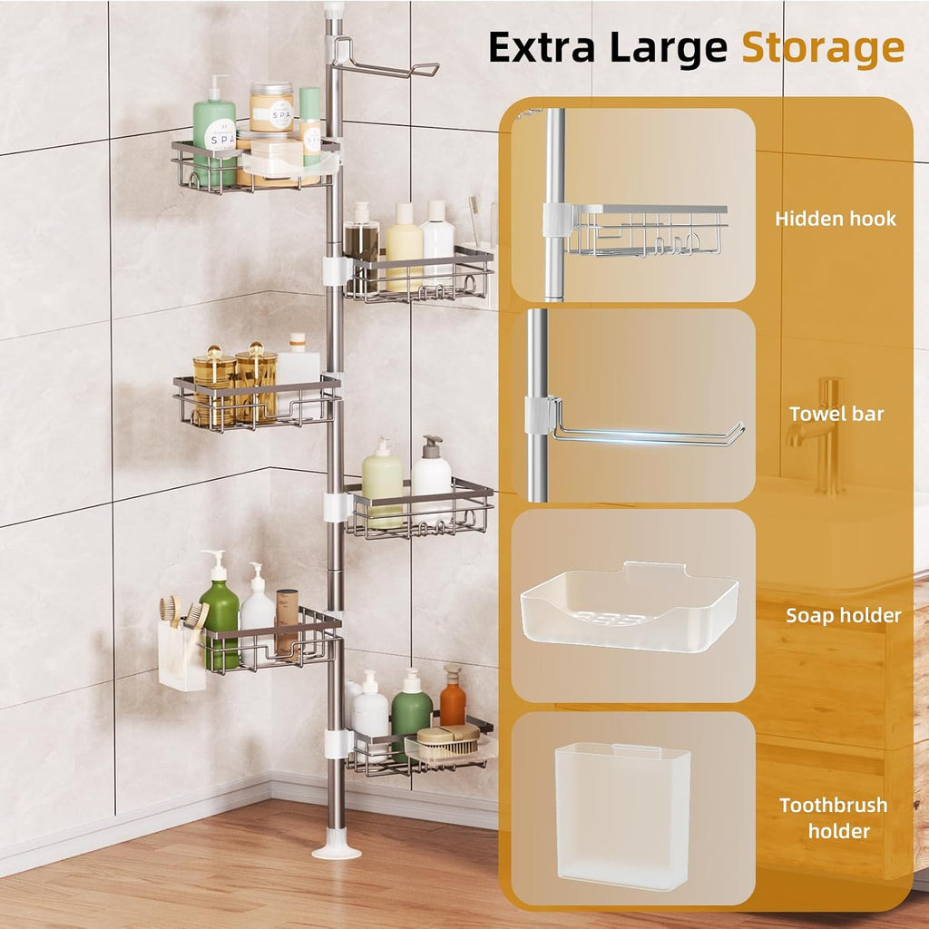 Silver 4‑Tier Tension Pole Shower Caddy
