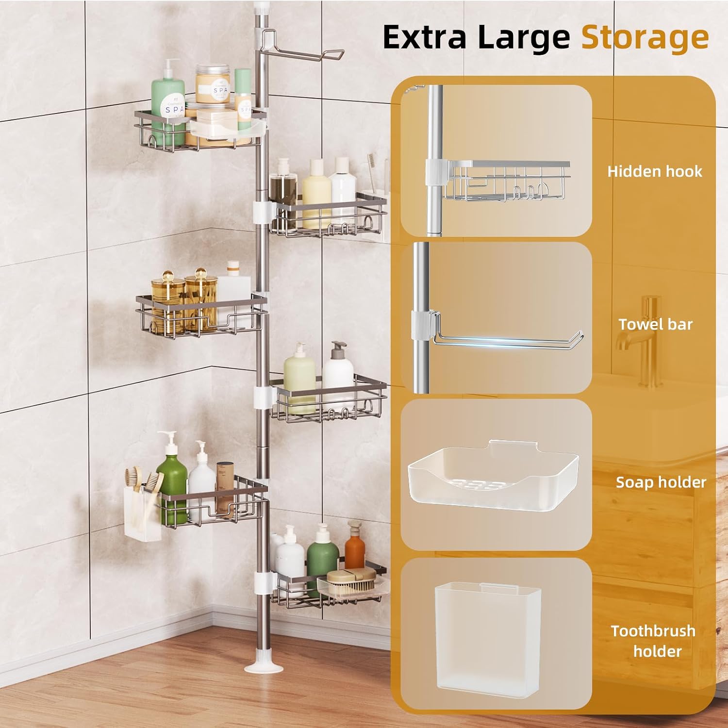 Silver 4‑Tier Tension Pole Shower Caddy