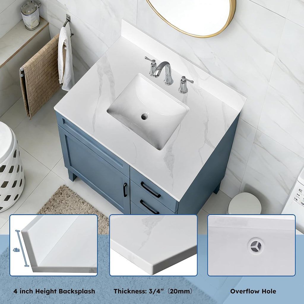 31 Inch White Vein Carrara Quartz Vanity Top