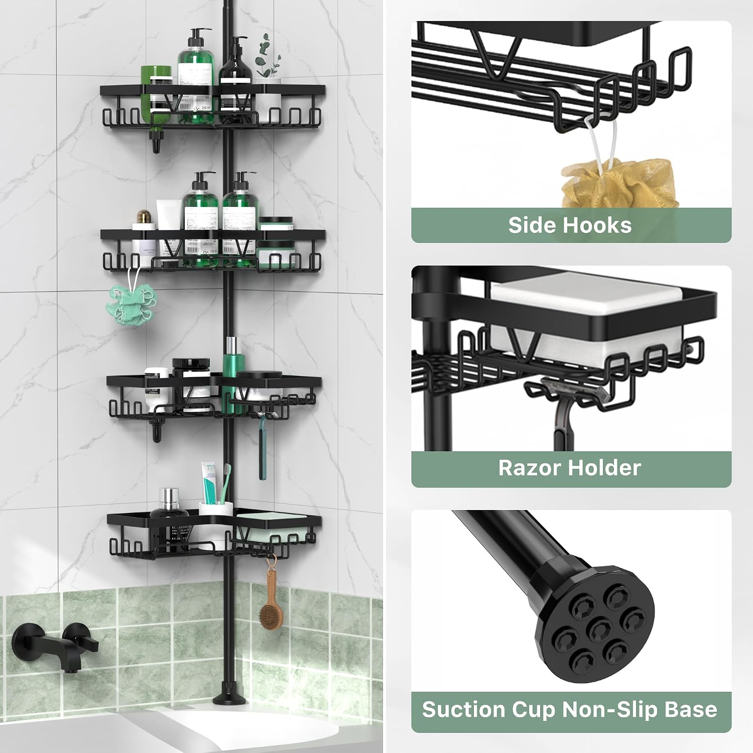 Black 4‑Tier Tension Pole Corner Shower Caddy