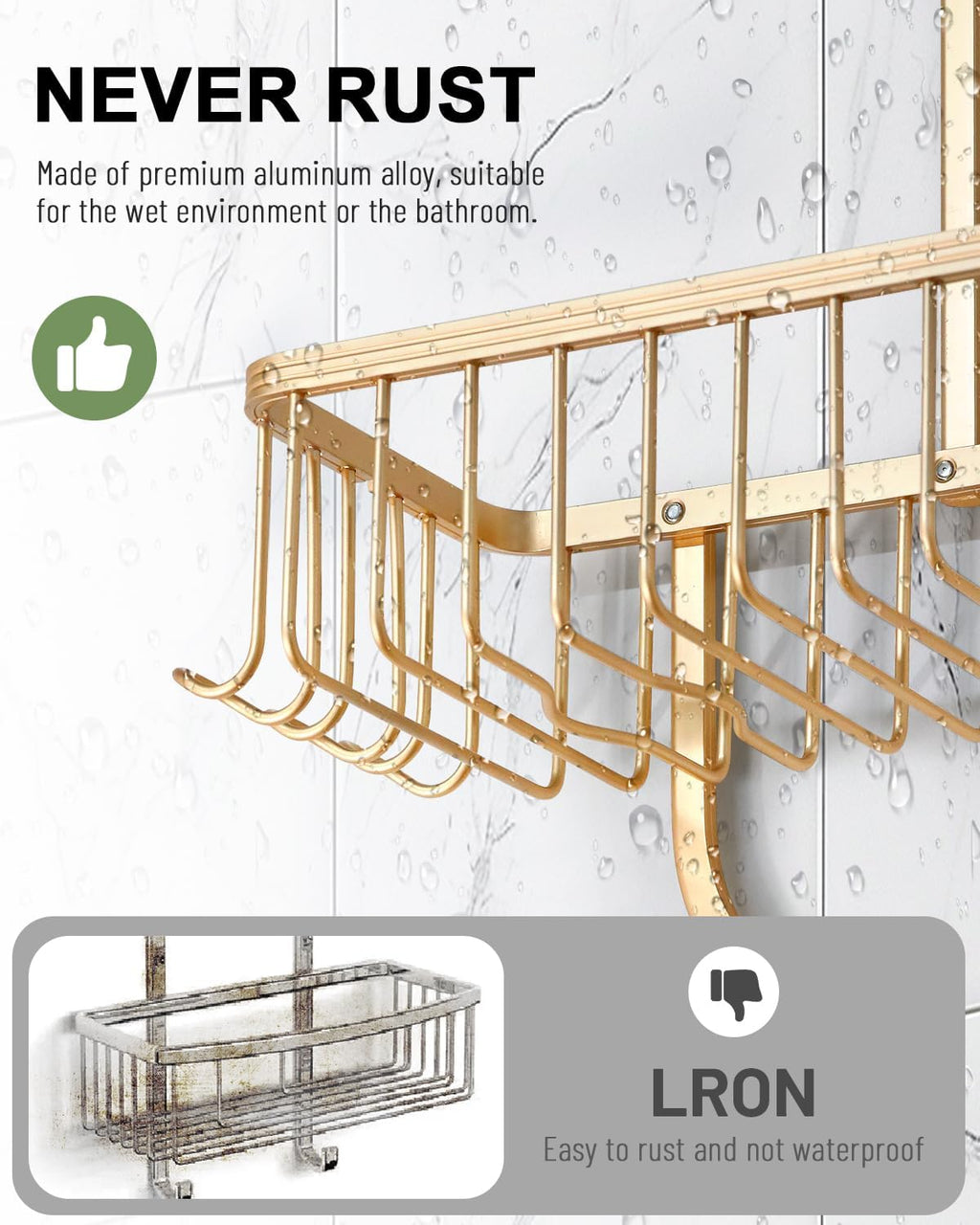 Gold Aluminum Hanging Shower Caddy With Hooks