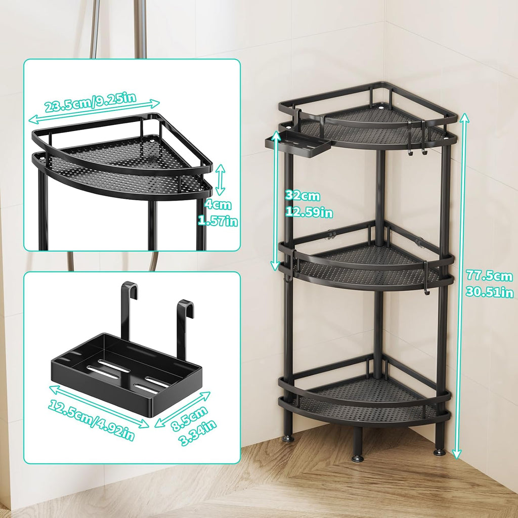 Black 3‑Tier Standing Corner Shower Caddy
