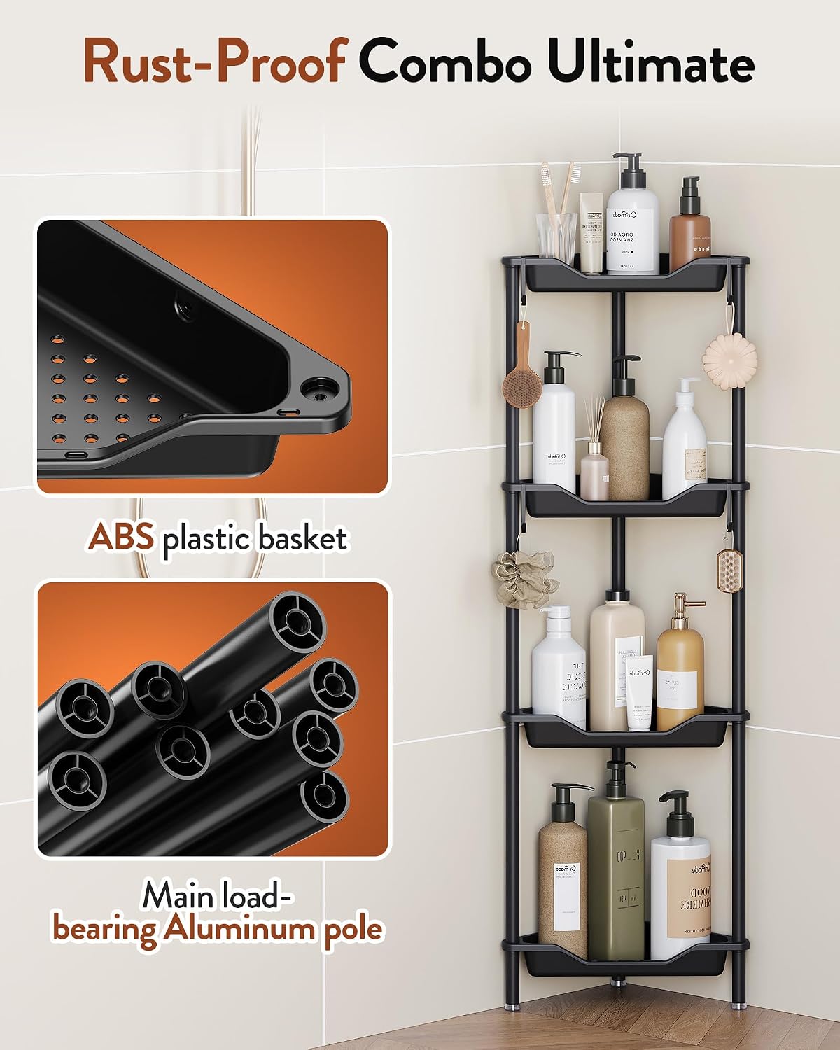 Black 4‑Tier Standing Corner Shower Caddy