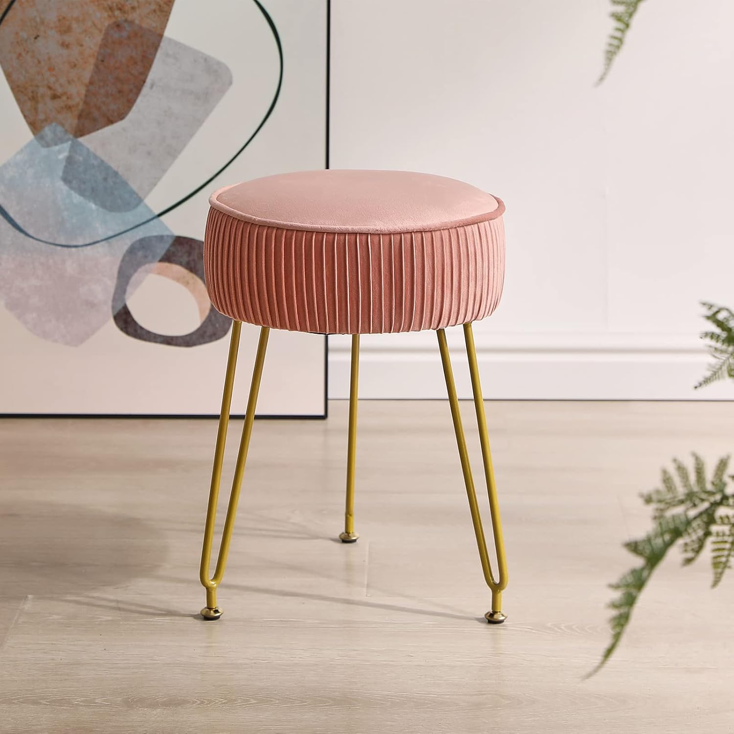 Pink Round Velvet Vanity Stool With Gold Steel Legs
