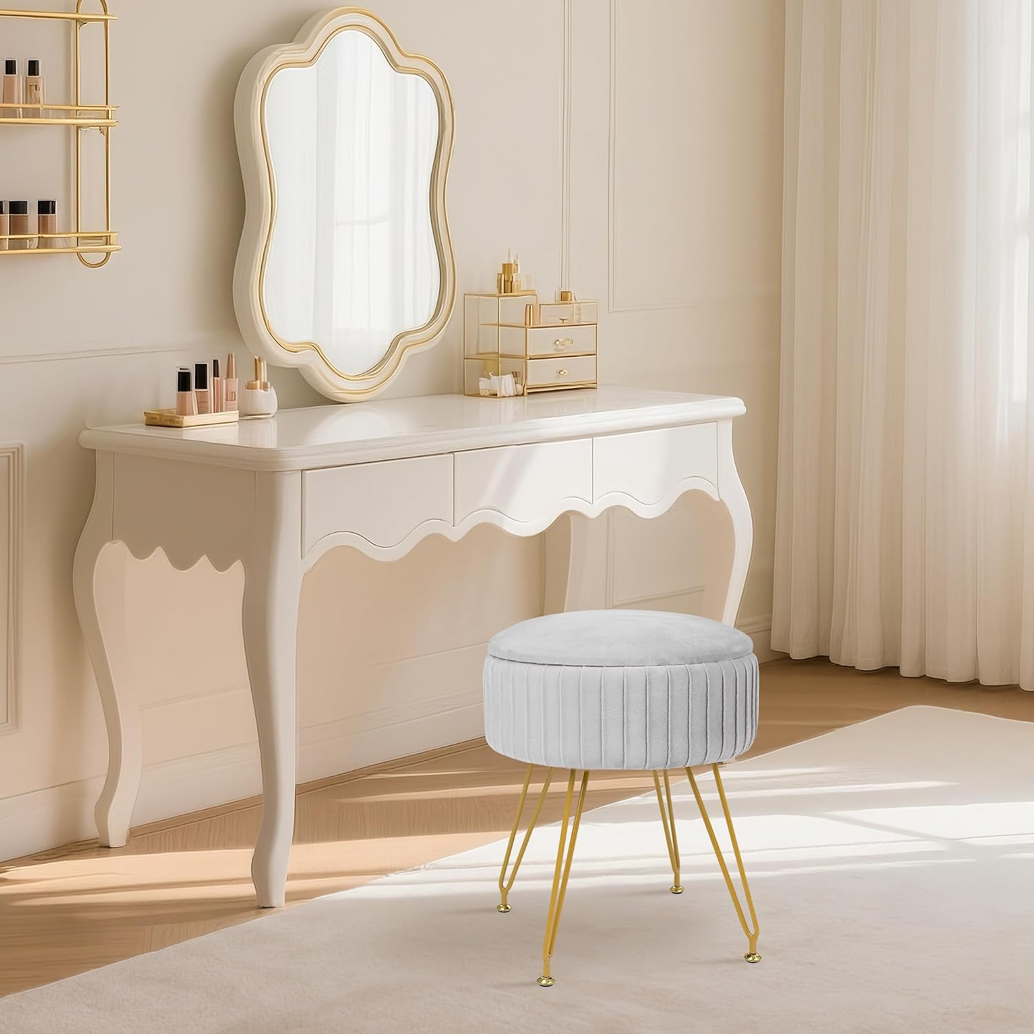 Round Storage Vanity Stool Ottoman Grey