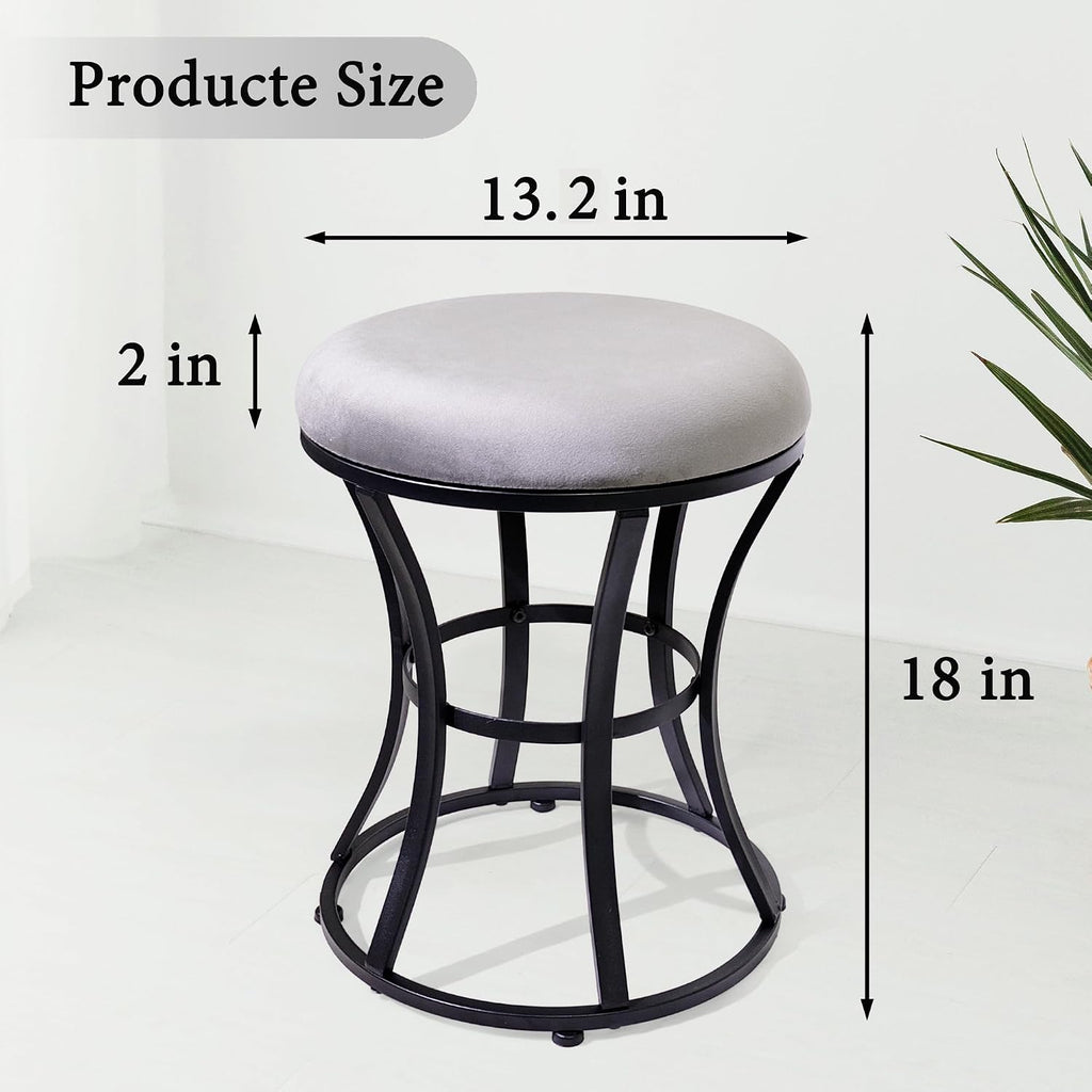Grey Round Velvet Vanity Stool Metal Legs