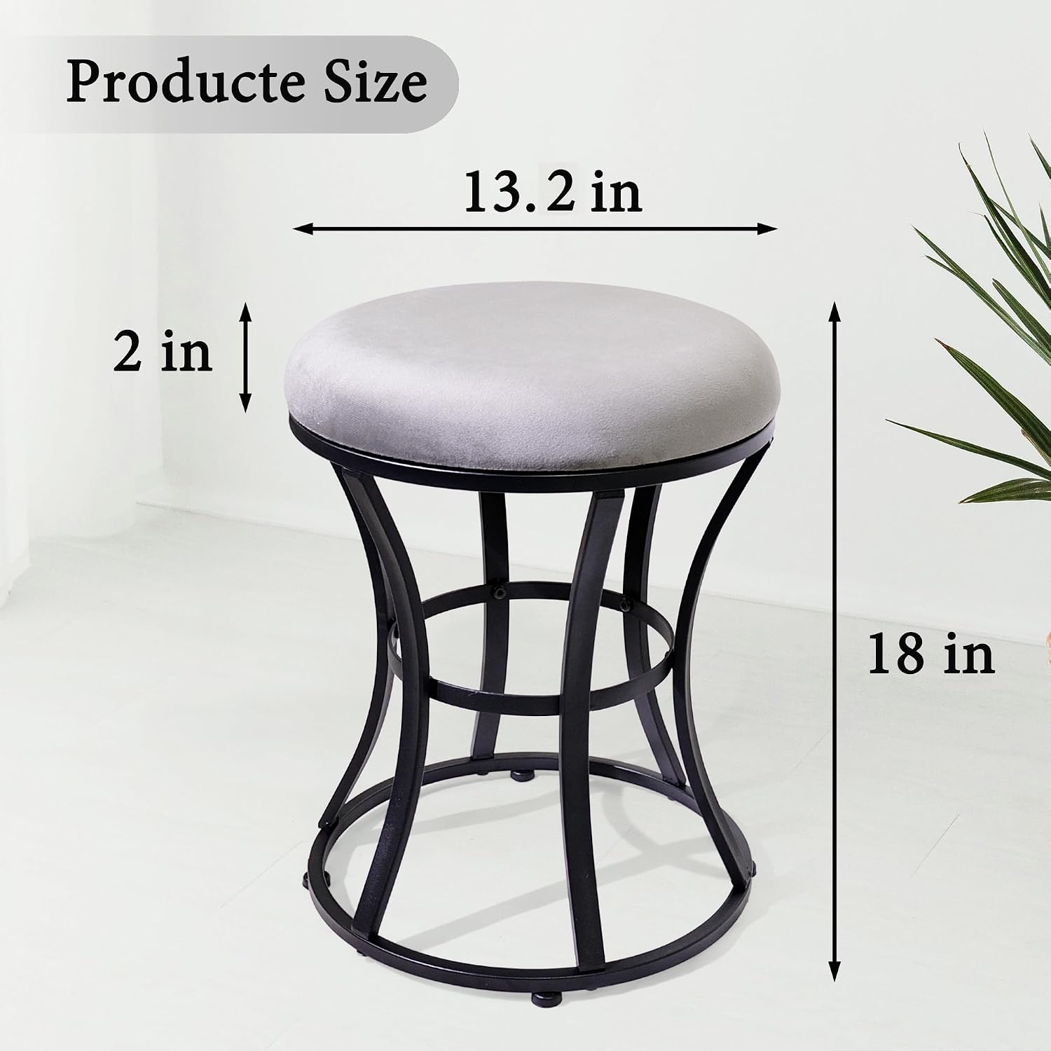 Grey Round Velvet Vanity Stool Metal Legs