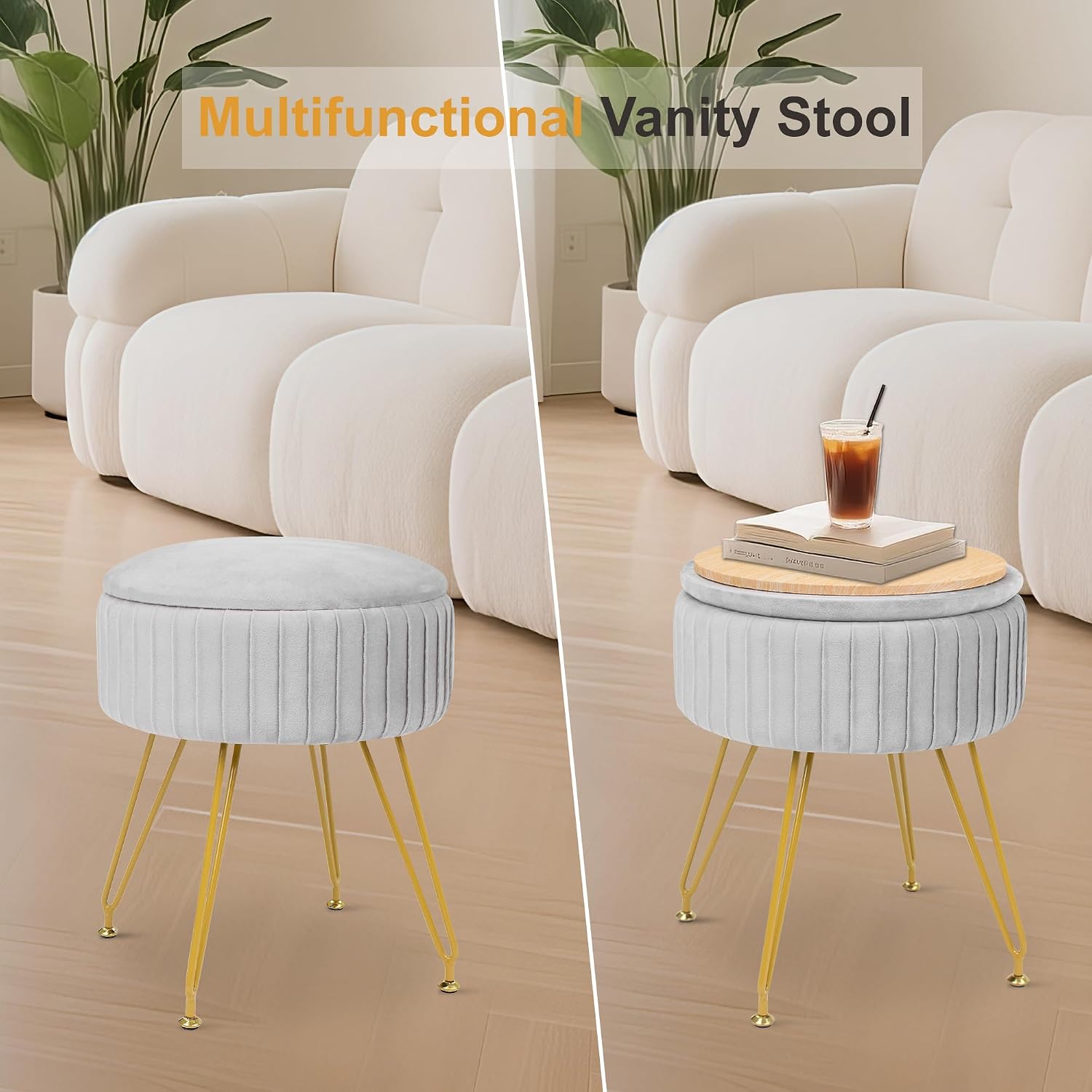 Round Storage Vanity Stool Ottoman Grey