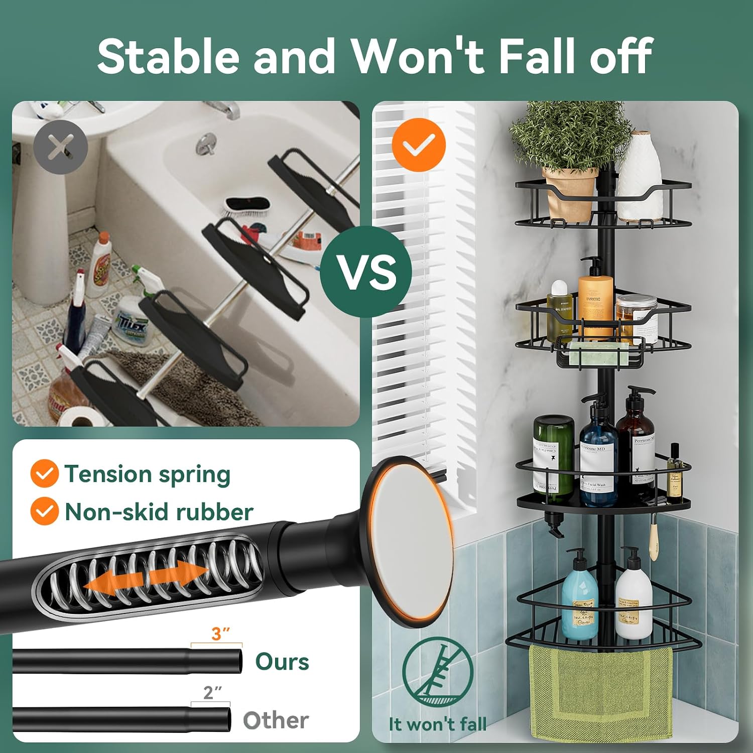 Black 4‑Tier Tension Pole Corner Shower Caddy