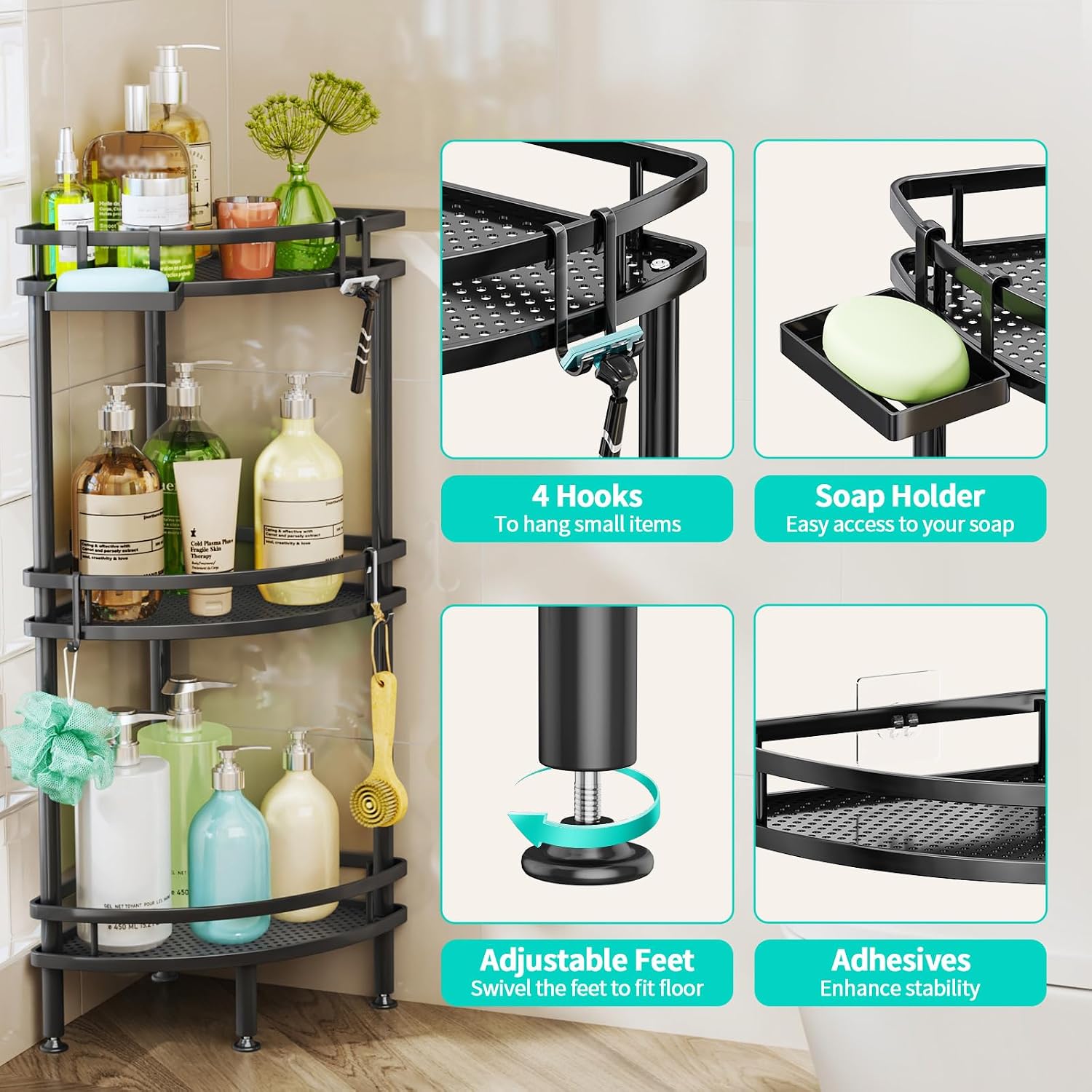 Black 3‑Tier Standing Corner Shower Caddy