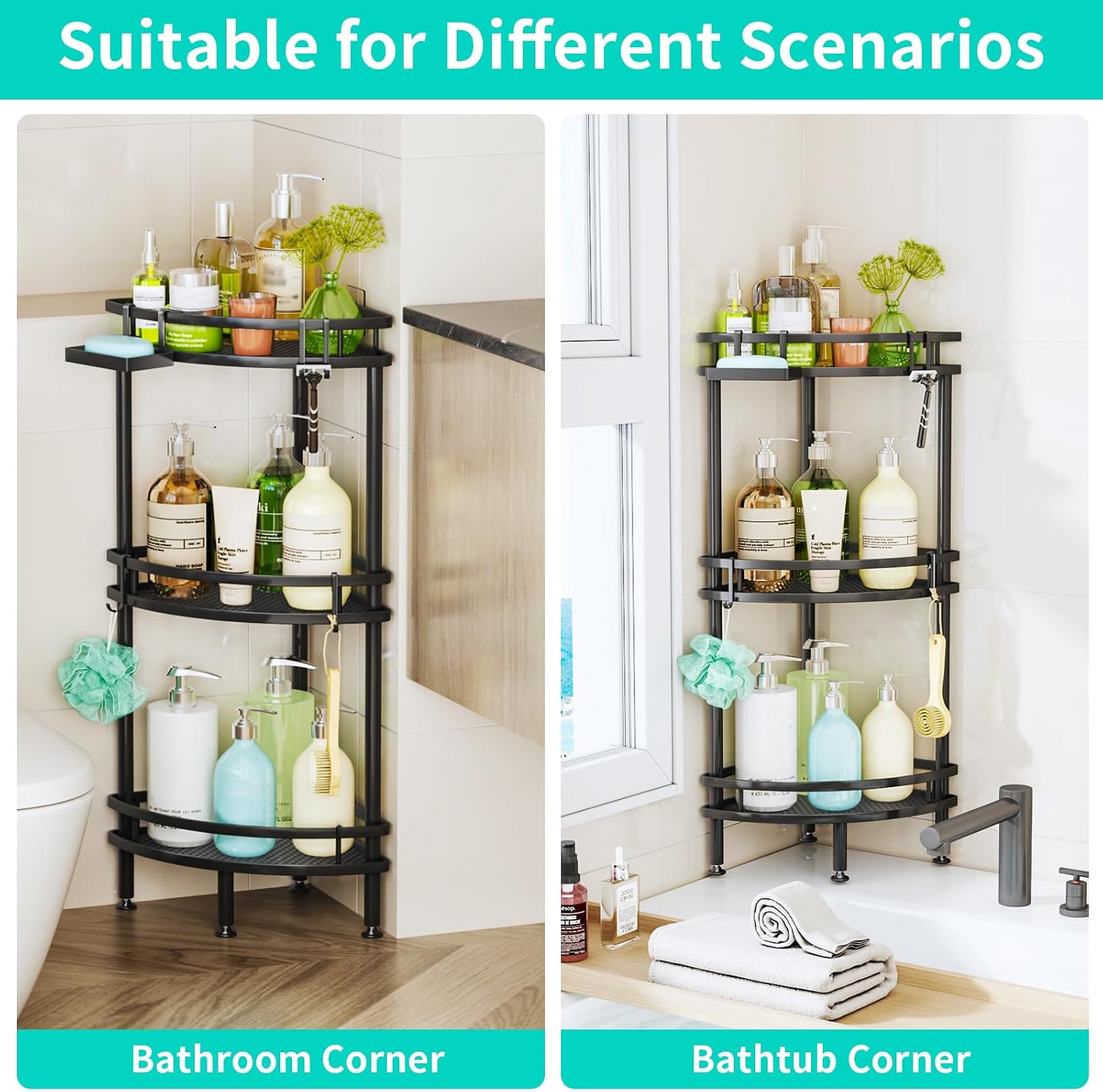 Black 3‑Tier Standing Corner Shower Caddy