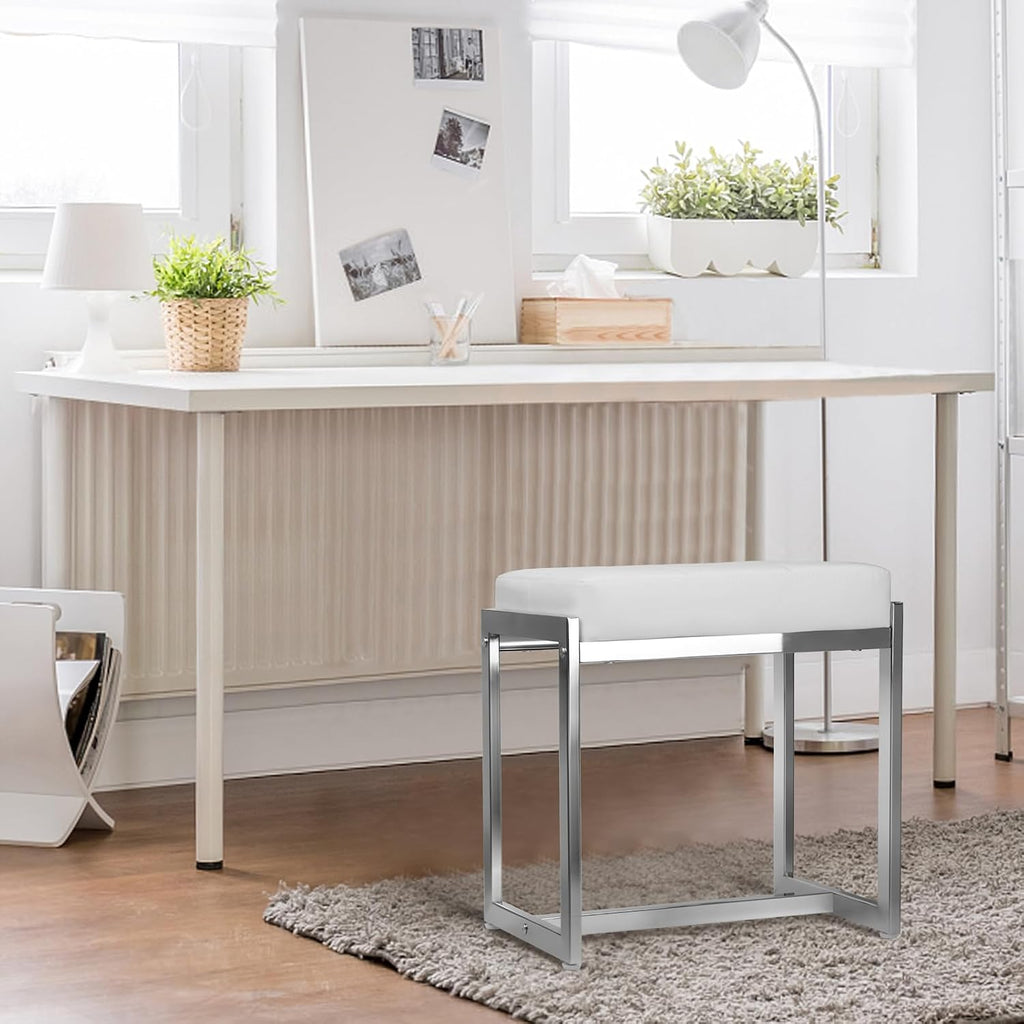 White PU Leather Vanity Stool Silver Metal Legs