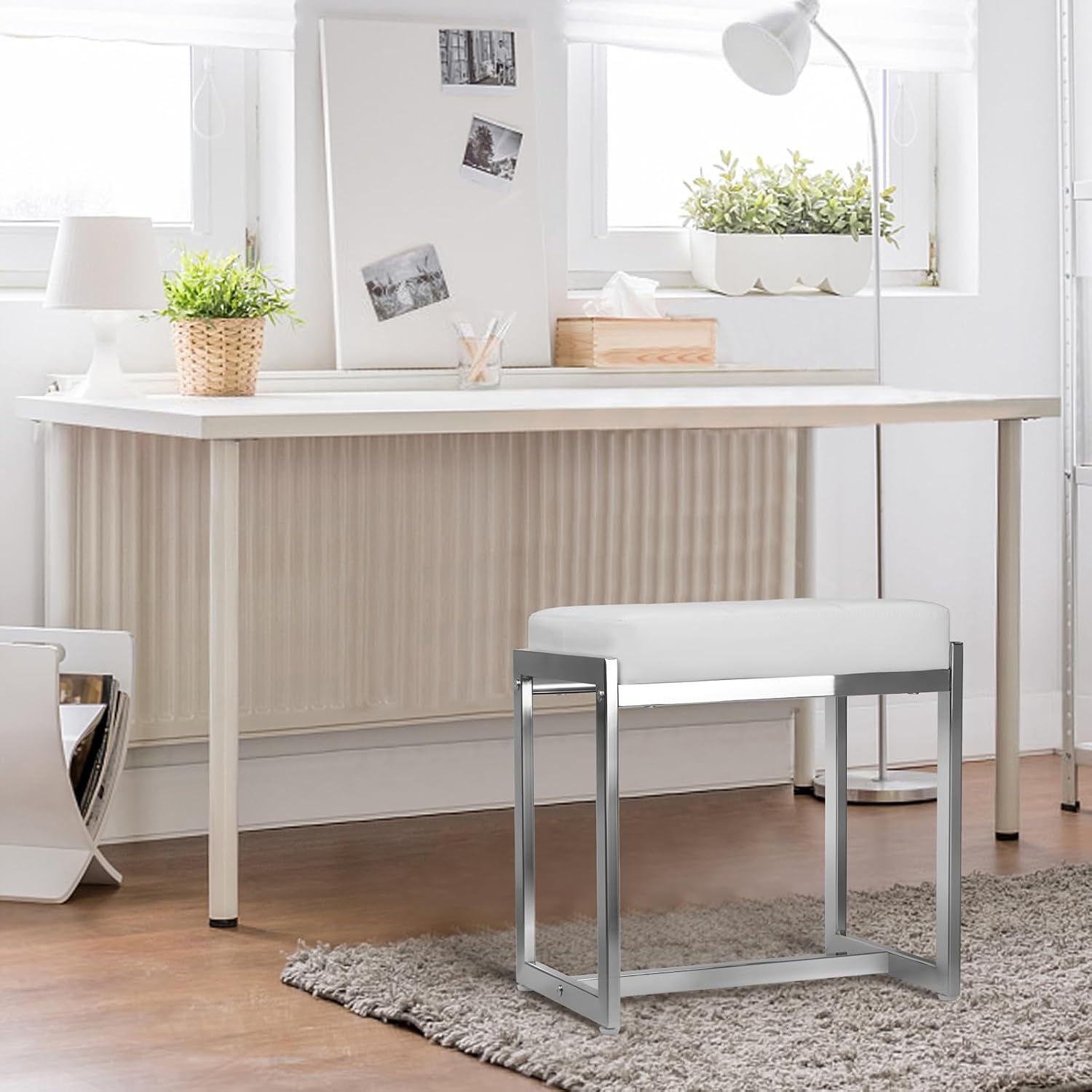 White PU Leather Vanity Stool Silver Metal Legs