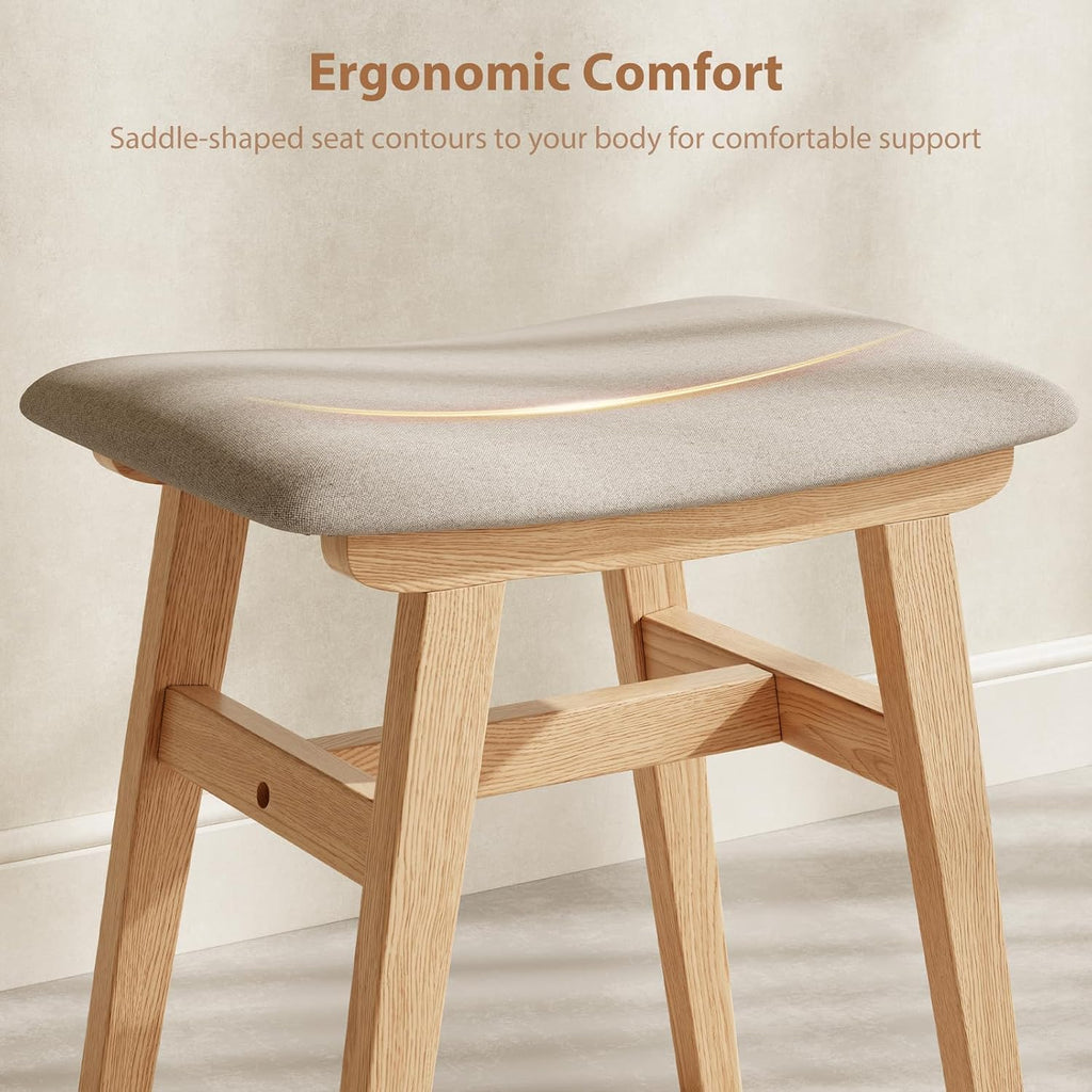 Natural Solid Wood Saddle Linen Vanity Stool