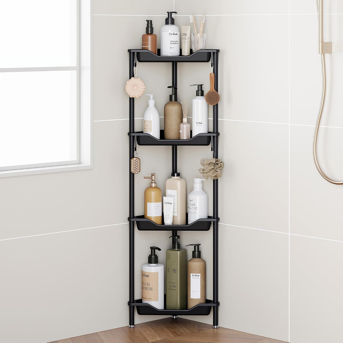 Black 4‑Tier Standing Corner Shower Caddy