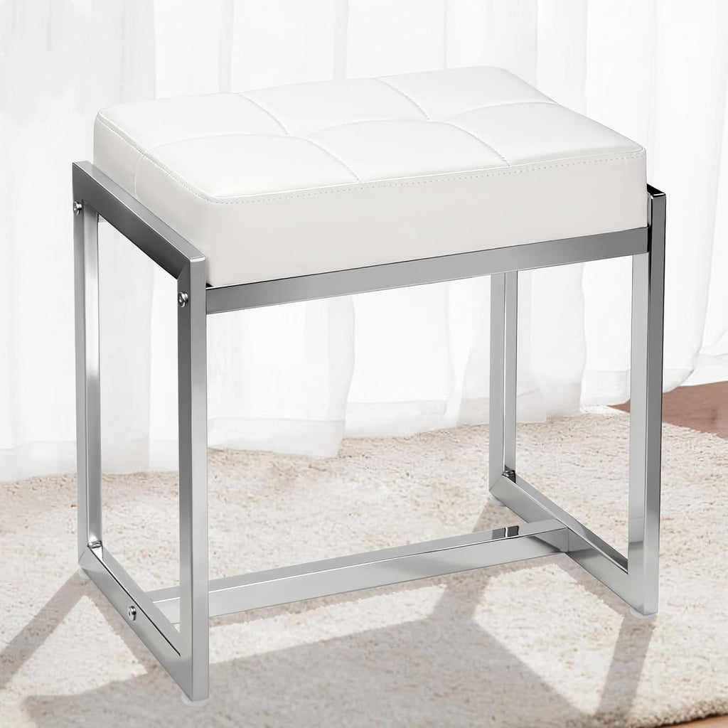 White PU Leather Vanity Stool Silver Metal Legs