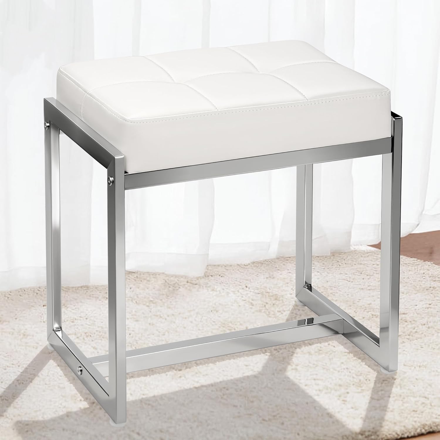 White PU Leather Vanity Stool Silver Metal Legs