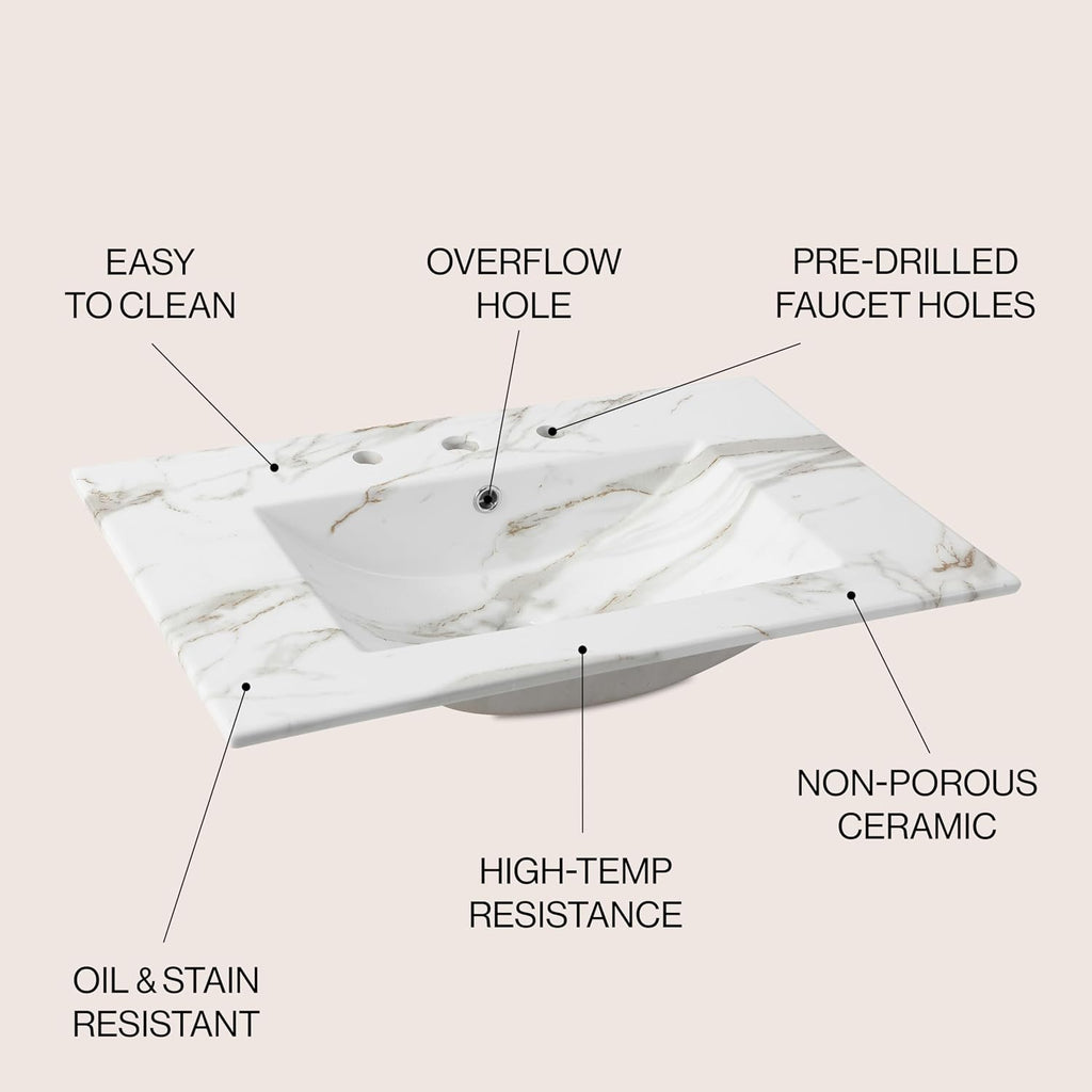 30 Inch White Marble‑Effect Ceramic Vanity Top