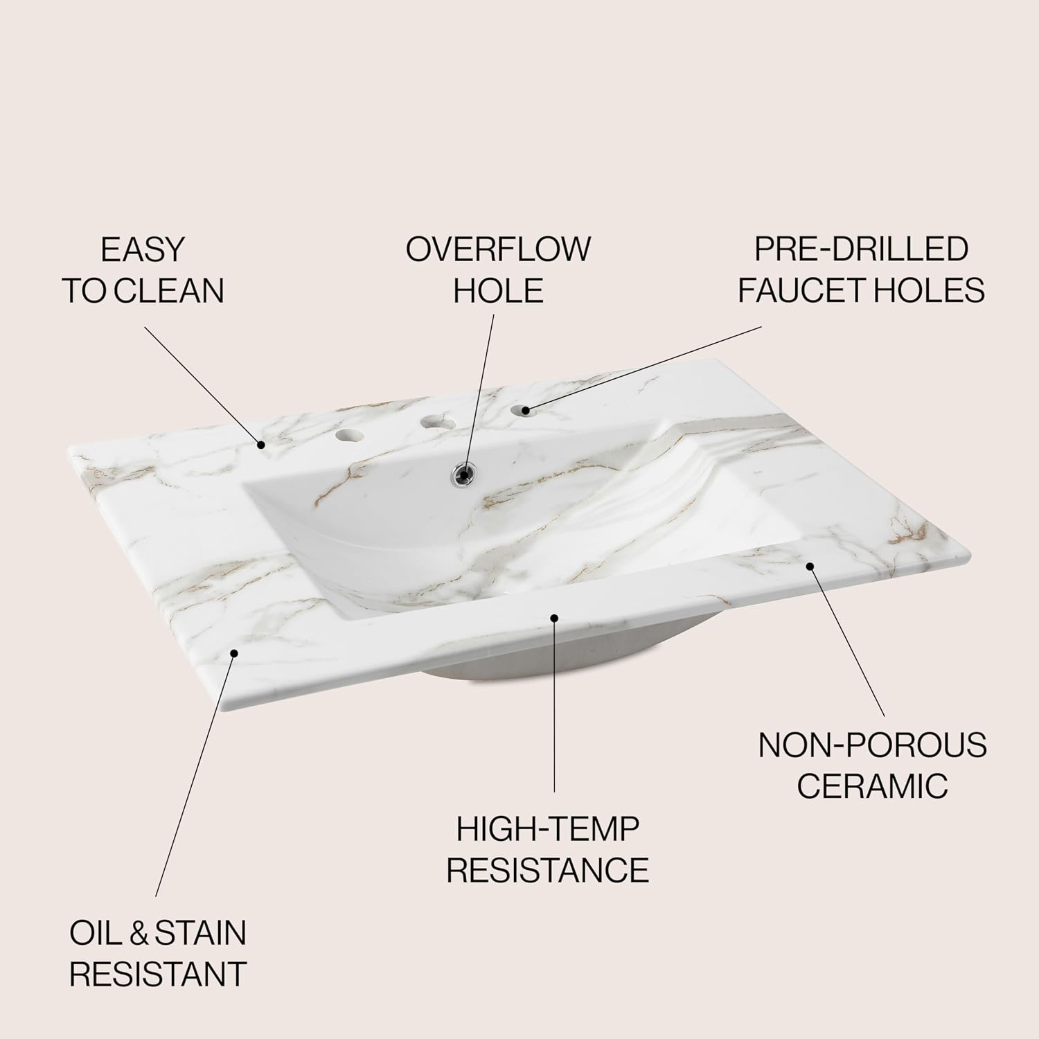 30 Inch White Marble‑Effect Ceramic Vanity Top