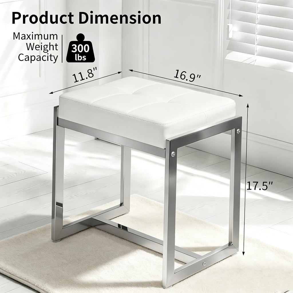 White PU Leather Vanity Stool Silver Metal Legs