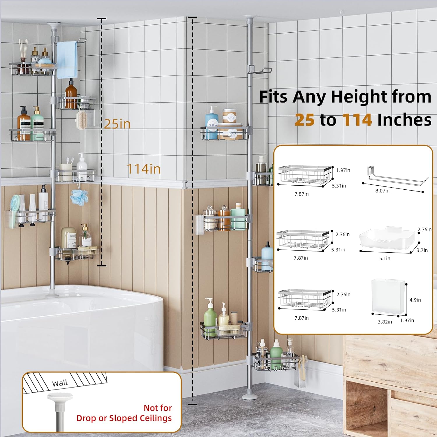 Silver 4‑Tier Tension Pole Shower Caddy