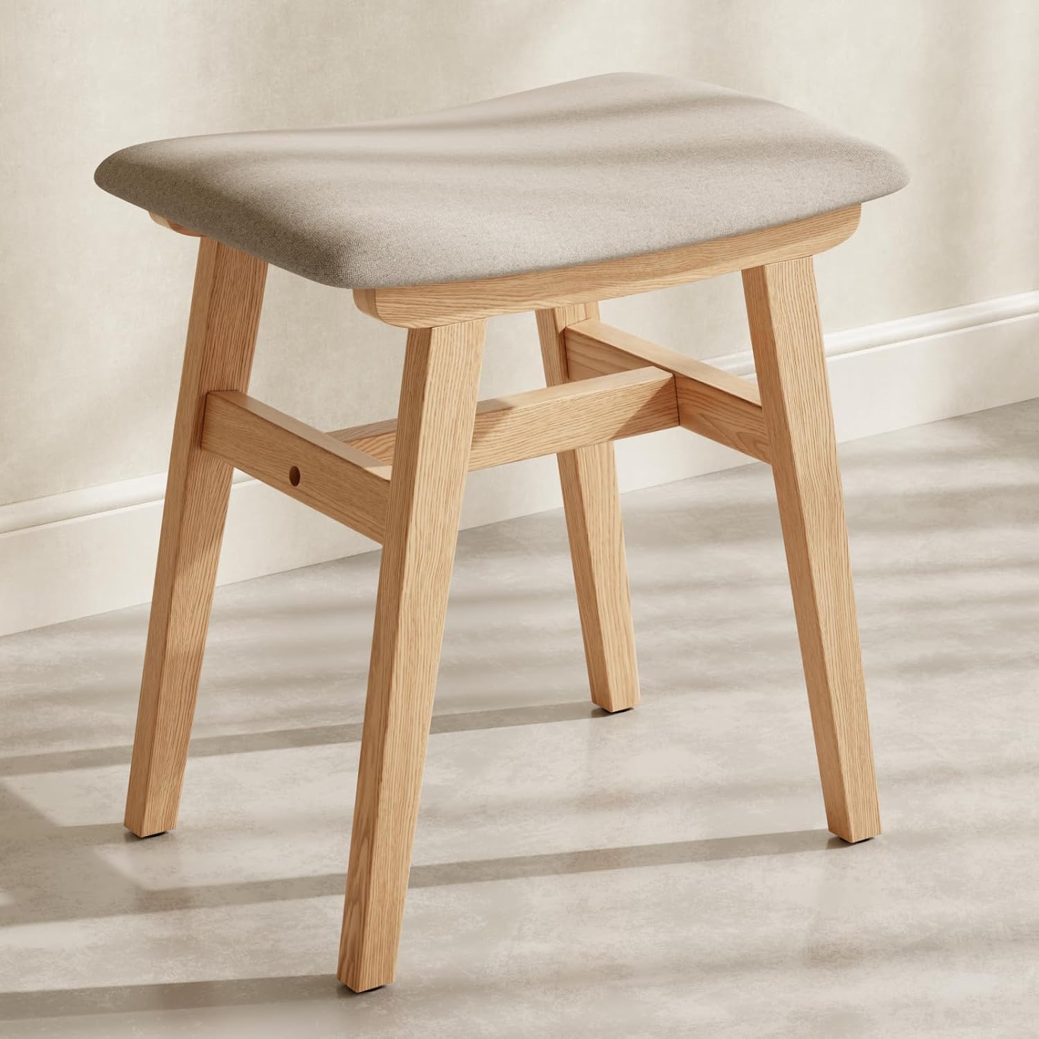Natural Solid Wood Saddle Linen Vanity Stool